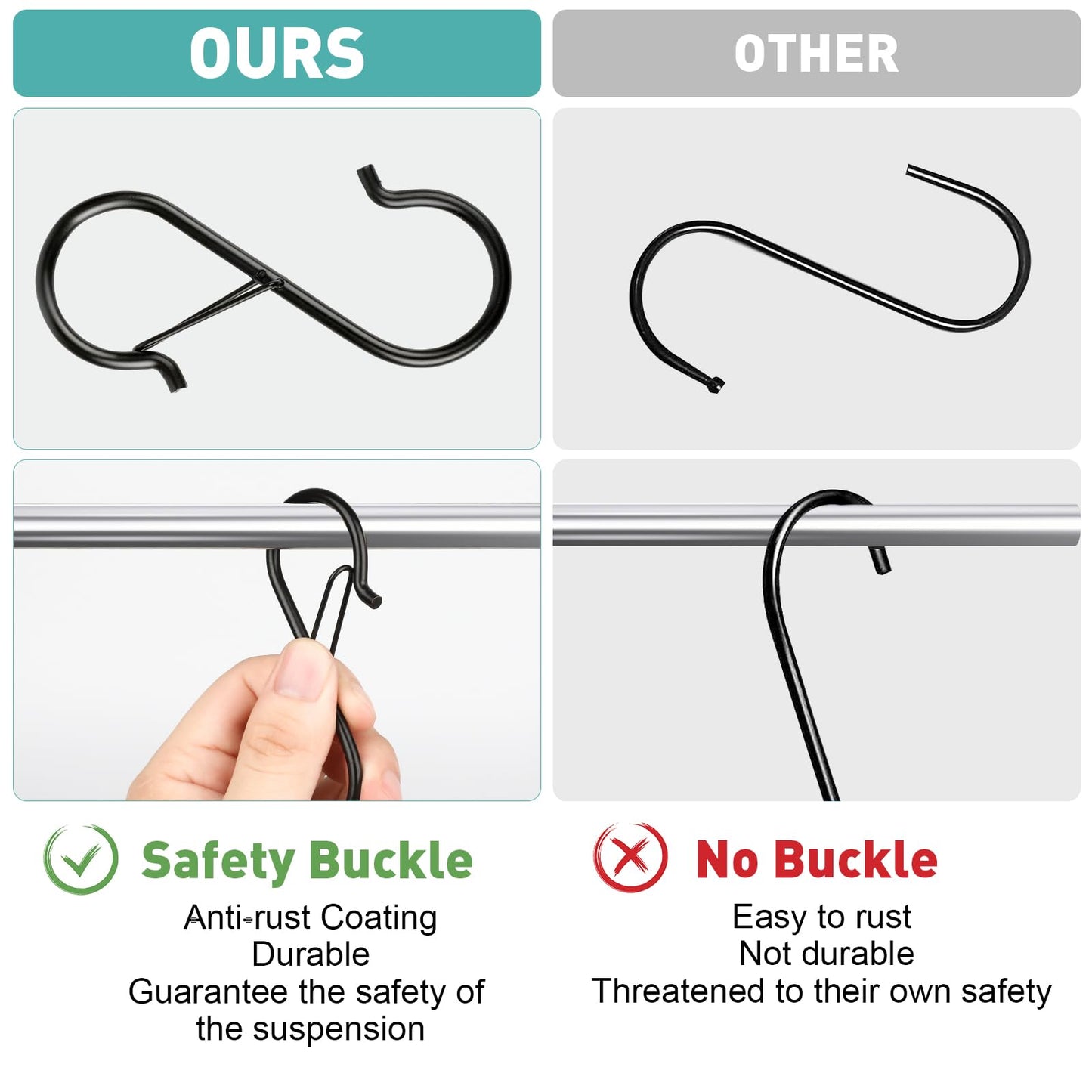 12 Pcs S Hooks for Hanging Heavy Duty, 3.5-inch Heavy Duty Metal S Hook with Safety Buckle, Suitable for 0.5 inch Rods, S Hook for Hanging Plants, Closet, Kitchen Utensil, Pot, Pan, Bags