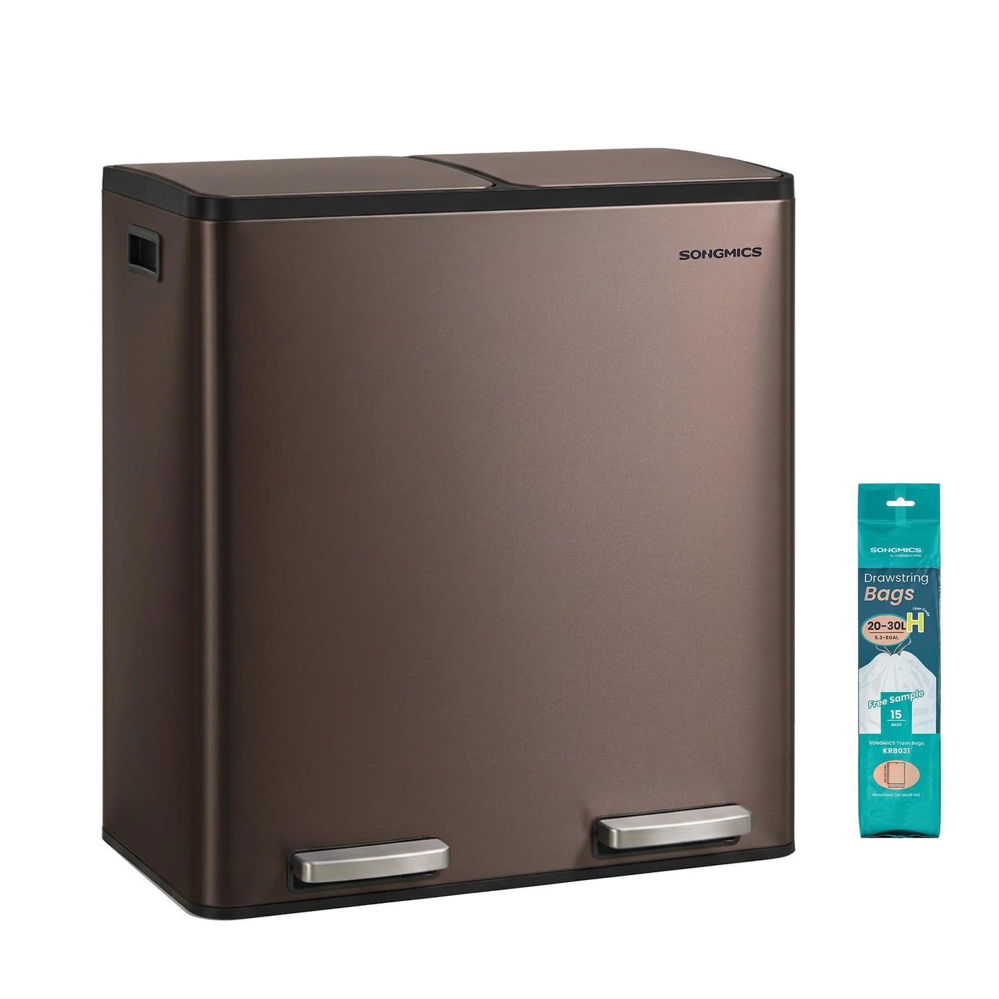 SONGMICS Trash Can, 2 x 8 Gallon (2 x 30 L) Double Compartment Garbage Can for Recycling, Stainless Steel, with 15 Liner Bags, Soft-Close Lids, Removable Buckets, Pedals, Brown ULTB160MZ01