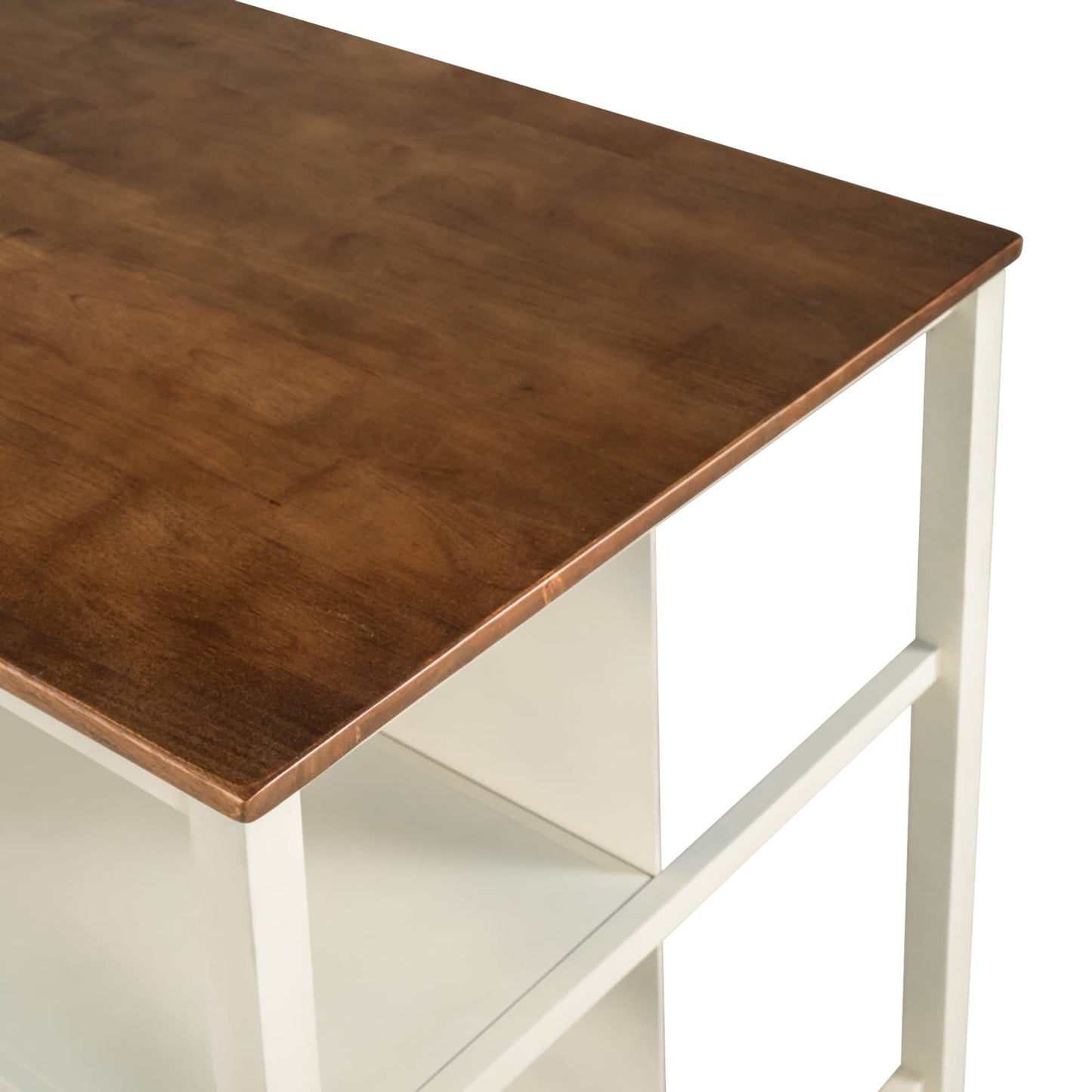 Polibi 3-Piece Kitchen Island Set with 2 Stools and 2 Shelves, Rustic Rubber Wood Dining Set Prep Table Set with Open Shelves for Small Places, Walnut+Cream White