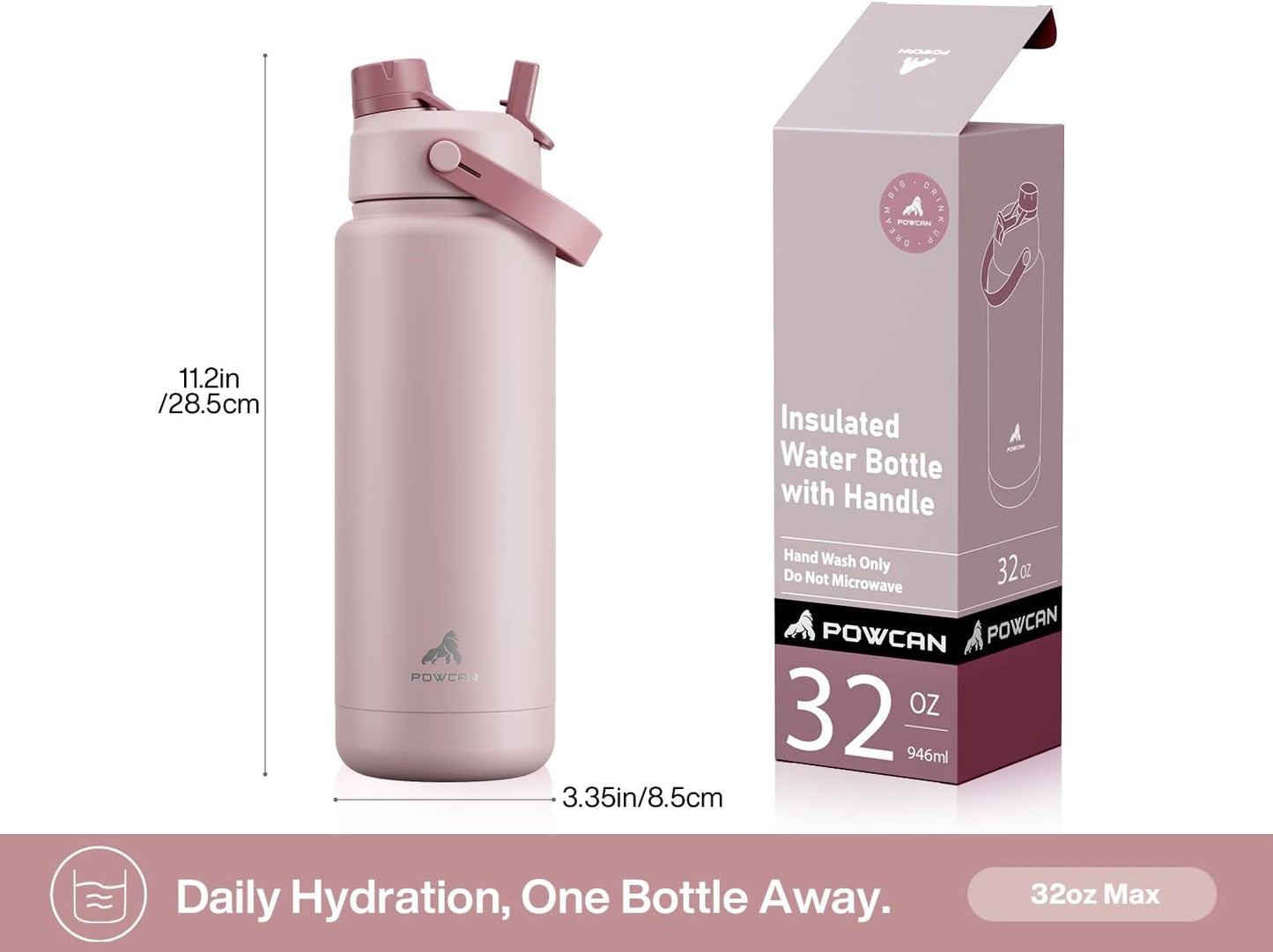 POWCAN 32 oz Insulated Water Bottle - 2-in-1 Straw & Spout Lid, Leak-Proof, BPA-Free | Dried Rose