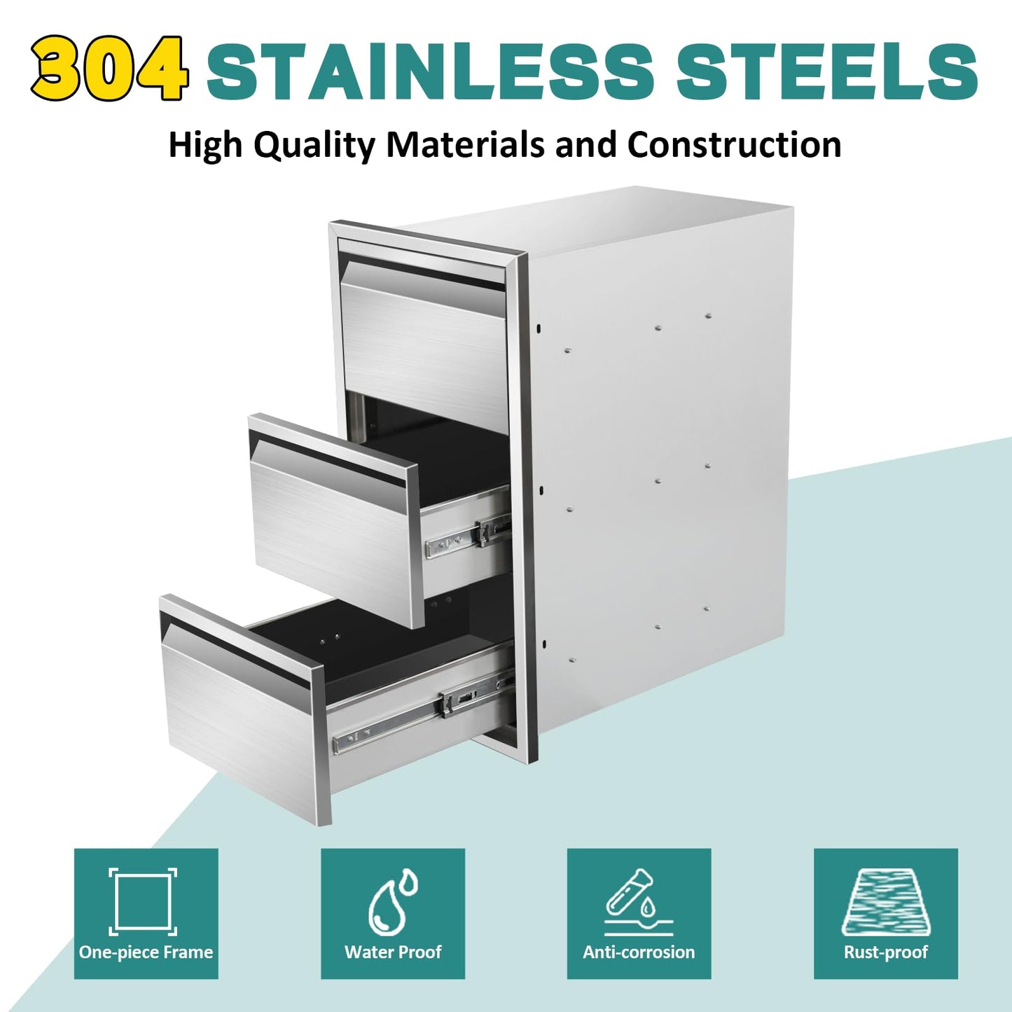 Outdoor Kitchen Drawers 14" W x 25.4"H x 21"D Stainless Steel Drawer BBQ Triple Drawers with Hidden Handle for Outdoor Kitchen Island, Patio Grill Station