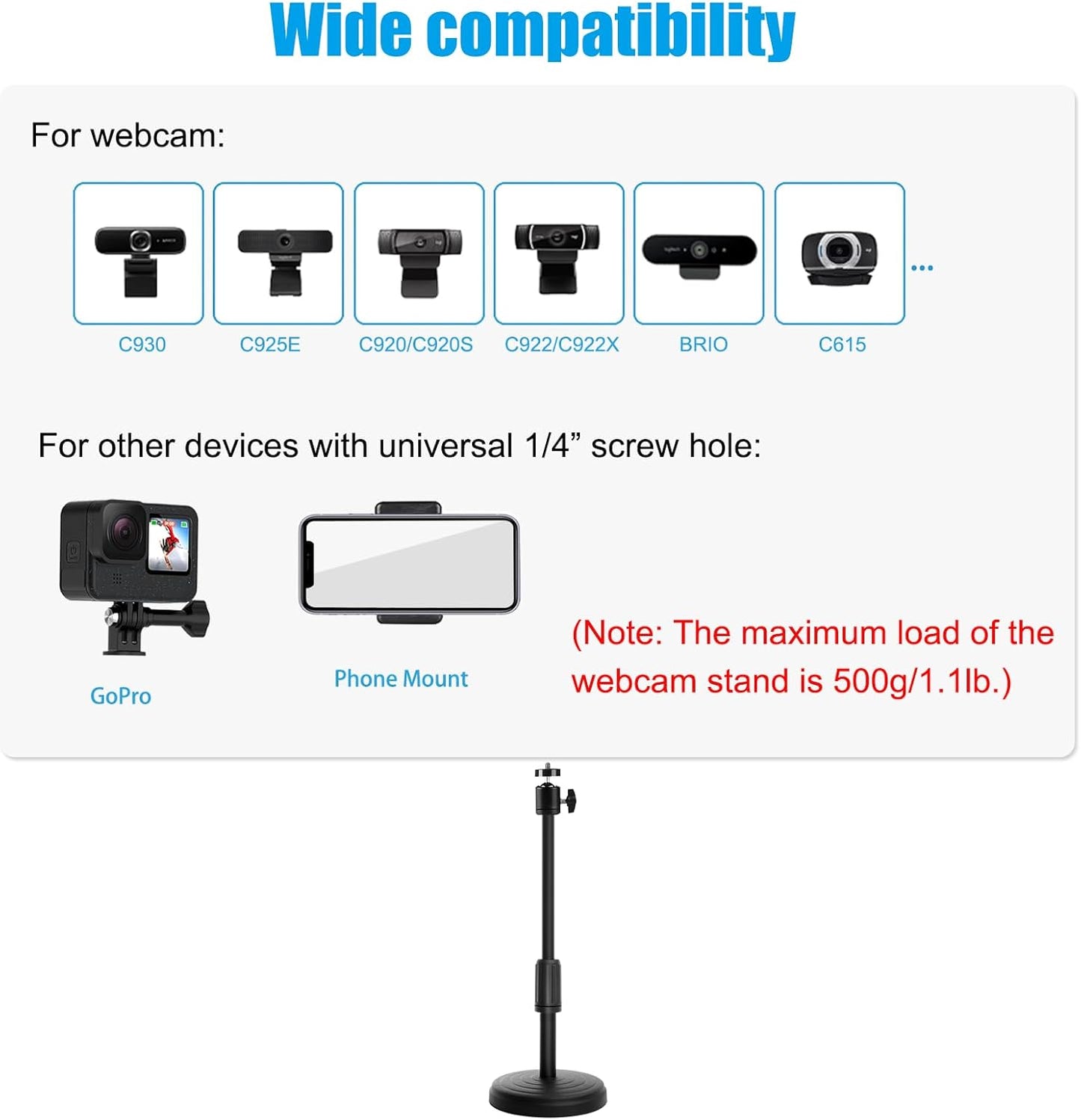 Khazylorr 22 Inch C920 C922 C925e C922x C930e C930 C615 Webcam Stand, Height Adjustable Webcam Mount Computer Camera