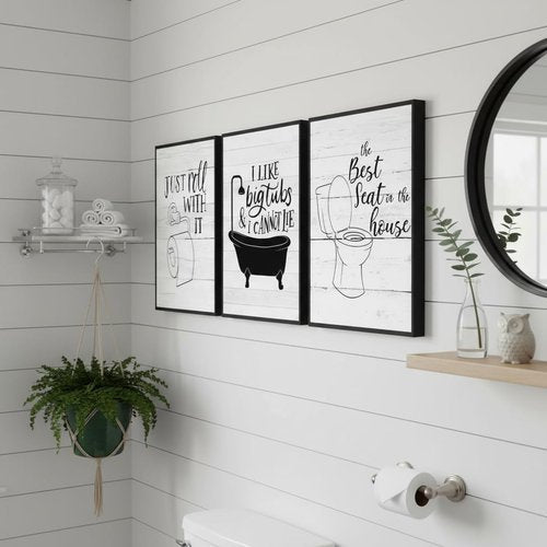 3Pcs Minimalist Bathroom Wall Art - Funny Quotes Prints for Toilet & Bathtub | Unframed 12x16in