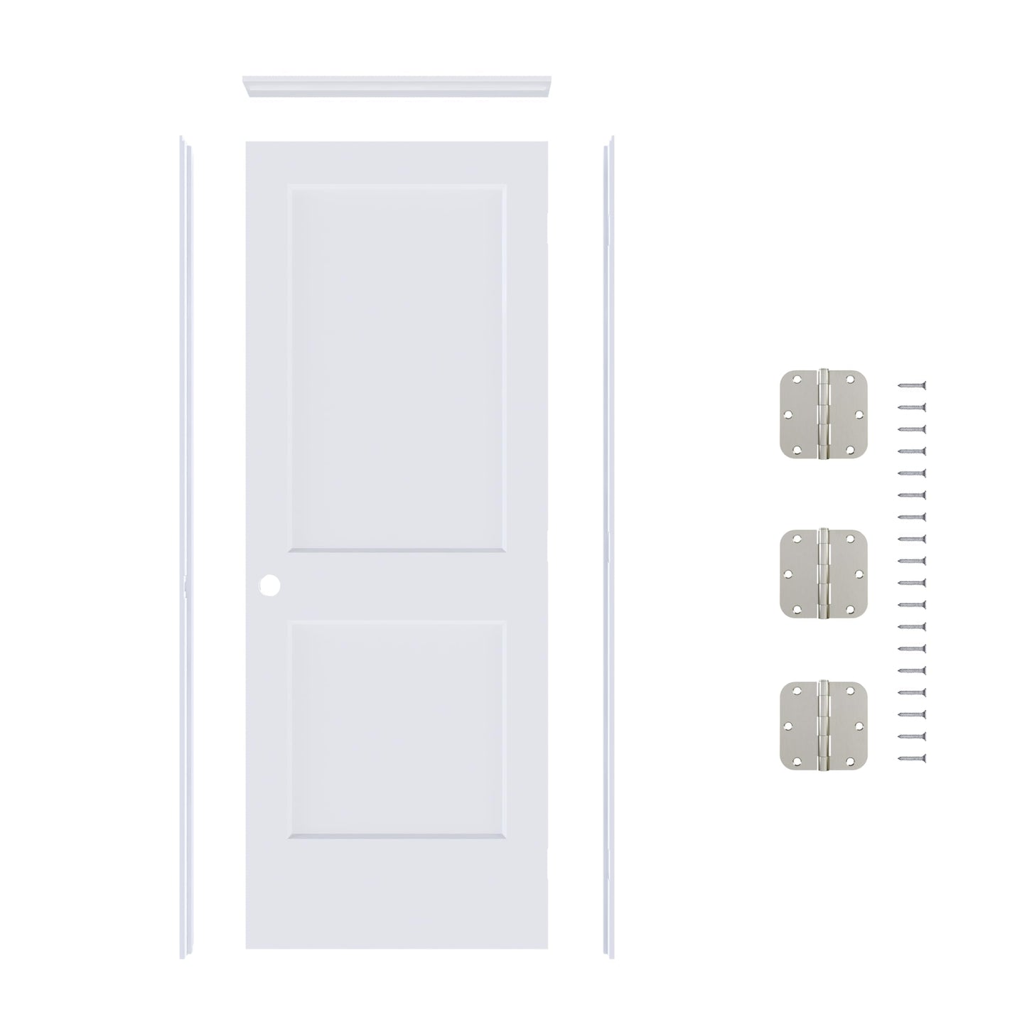 JUBEST 32"x80" Left-Hand Prehung Interior Door with Knock Down Jamb Kit & Satin Nickel Hinges, 2-Panel White Primed Hollow Core Molded Door Slab with Bore & Hinge Cutout, Durable & Sturdy, No Handle
