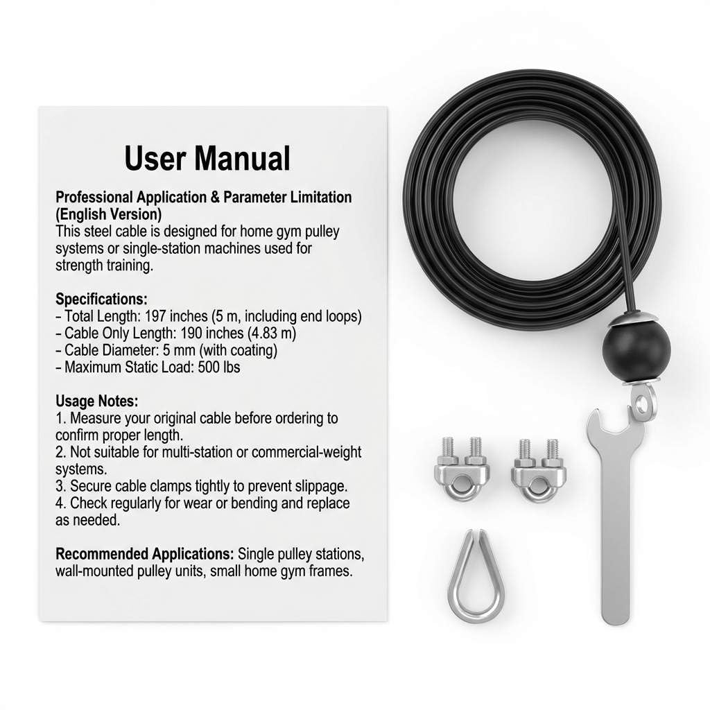 QWORK Fitness Pulley Cable 197 Inch - Adjustable Home Gym Cable Pulley System Replacement, 500lb Capacity Steel Wire Rope for Pulley Machine Accessories