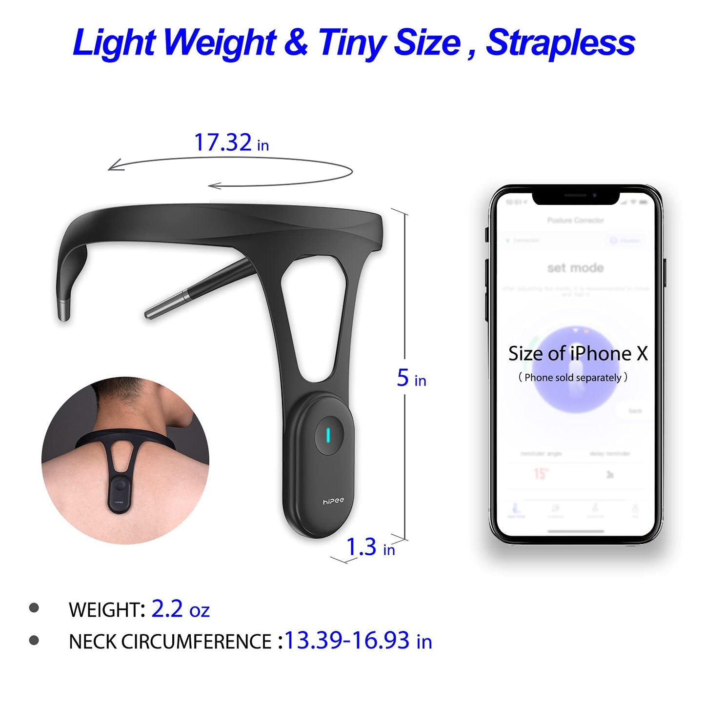 hipee P1 Smart Posture Trainer & Corrector, Control with App, Check Posture in Real Time, Strapless, Boost Health & Temperament (Black)