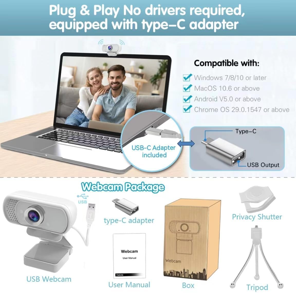 ZIQIAN 1080P 110 2,Video usb c webcam Webcam,Live Streaming Web Camera with Stereo Microphone, Desktop or Laptop USB