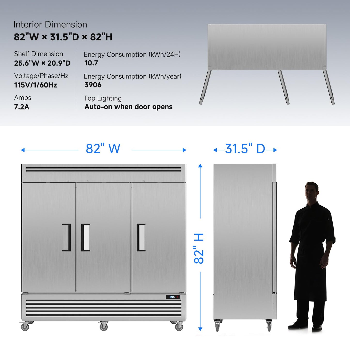 Coolake 82" Commercial Reach-in Freezer 3 Solid Doors, 72 Cu.ft Stainless Steel Fan Cooling Upright Freezer 12 Adjustable Shelves, Commercial Freezer for Restaurant Kitchen Grocery Store Prep Area