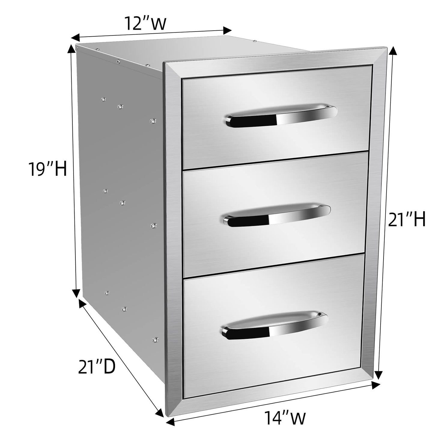 KODOM Outdoor Kitchen Drawers 14'' W x 21'' H x 21'' D, Flush Mount Triple Access BBQ Drawers for Outdoor Kitchens or BBQ Island Patio Grill Station, Silver