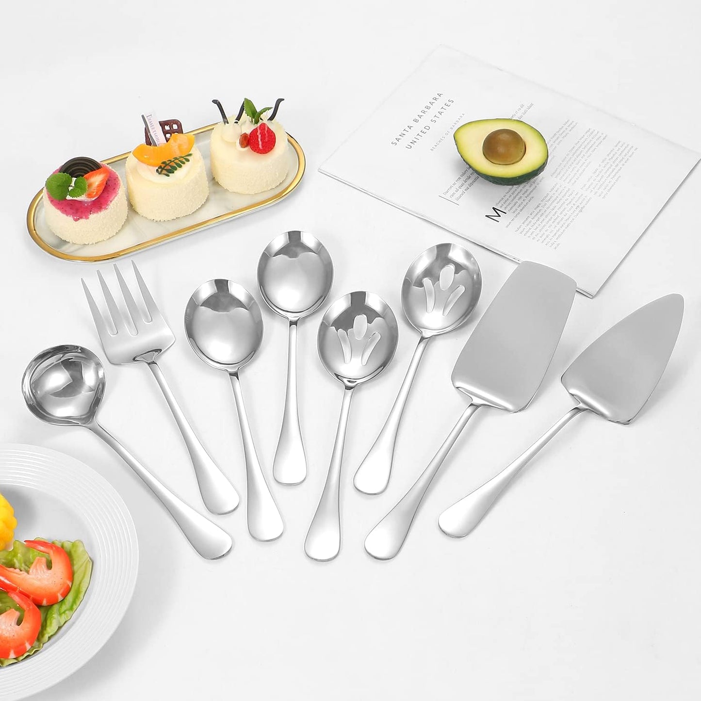 Polished Stainless Steel Serving Utensils Set - 8-Piece Buffet Serving Set with Spoons, Fork, Ladle & More