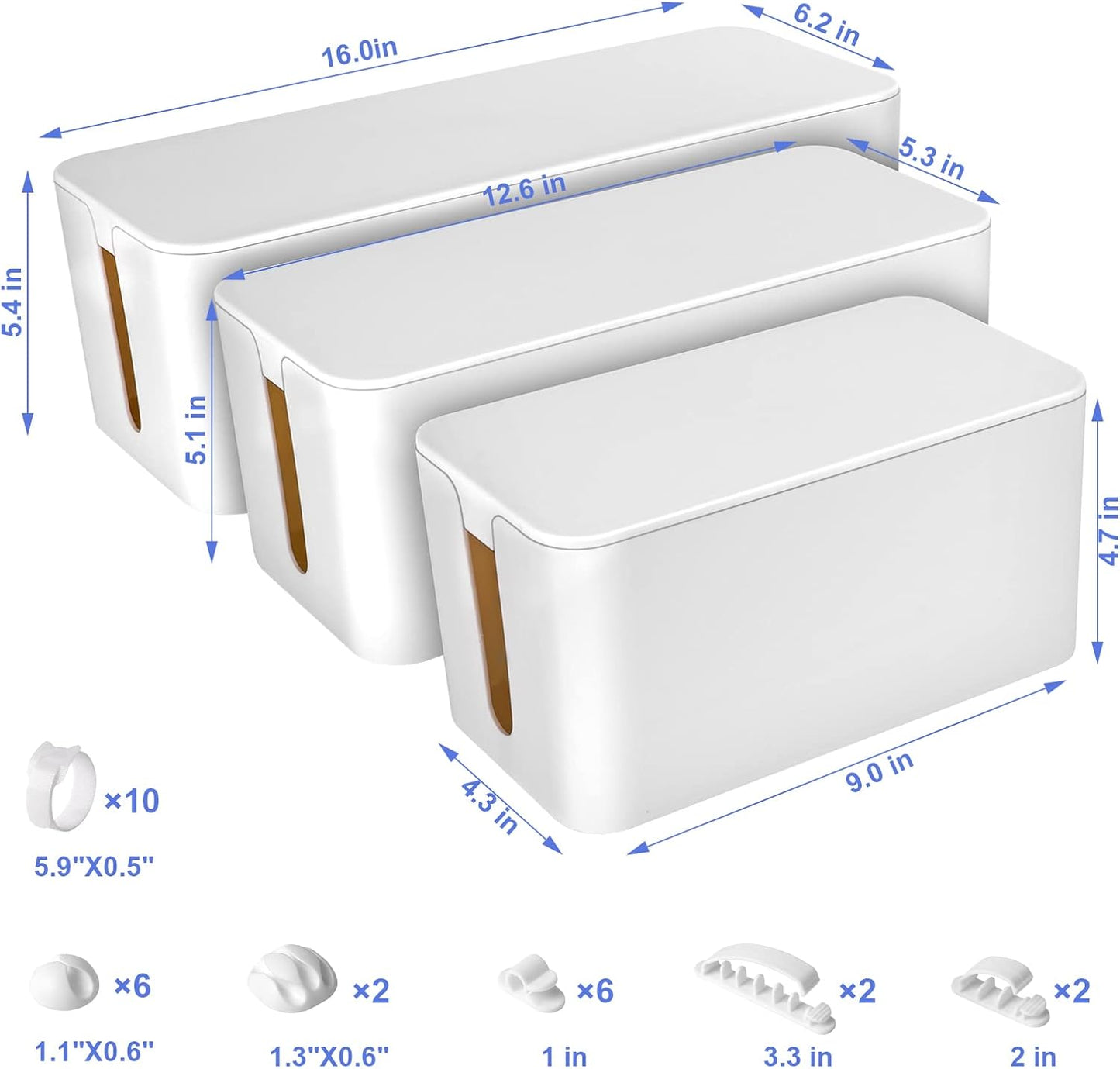 Naeety Set Cable Organizer Box of Three, Power Cover Cord Holder Surge Protector for Desk (White)