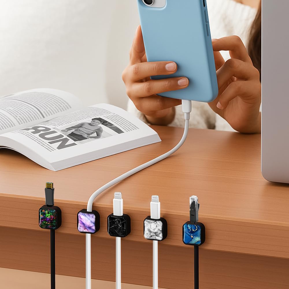 WIRESTER 5 Pack Magnetic Cable Clips, Under Desk Cable Management, Phone Cord Organizer for Nightstand, Adhesive Wire