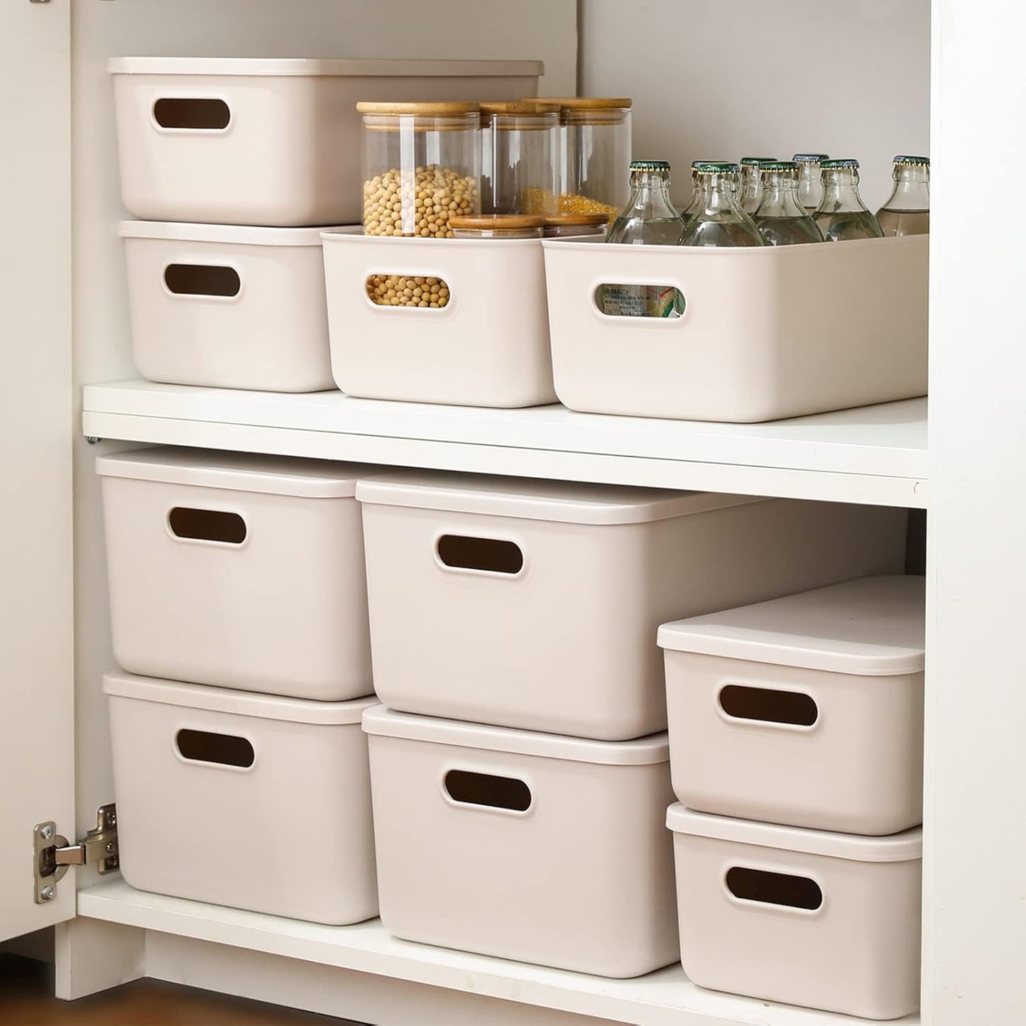 Yishyfier Plastic Storage Baskets - Lidded Organizing Containers for Shelves & Drawers | Light Grey (4M + 2S)