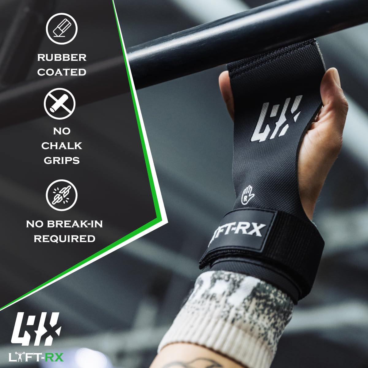 LYFT-RX Valiant Grips, Rubber Coated, No-Hole Fingerless Hand/Palm Grips w/Heavy-Duty Wrist Strap, Non-Slip, No Chalk Needed, for Weightlifting, Gym, Cross Fitness, Pull-Ups, Gymnastics, Size X-Large
