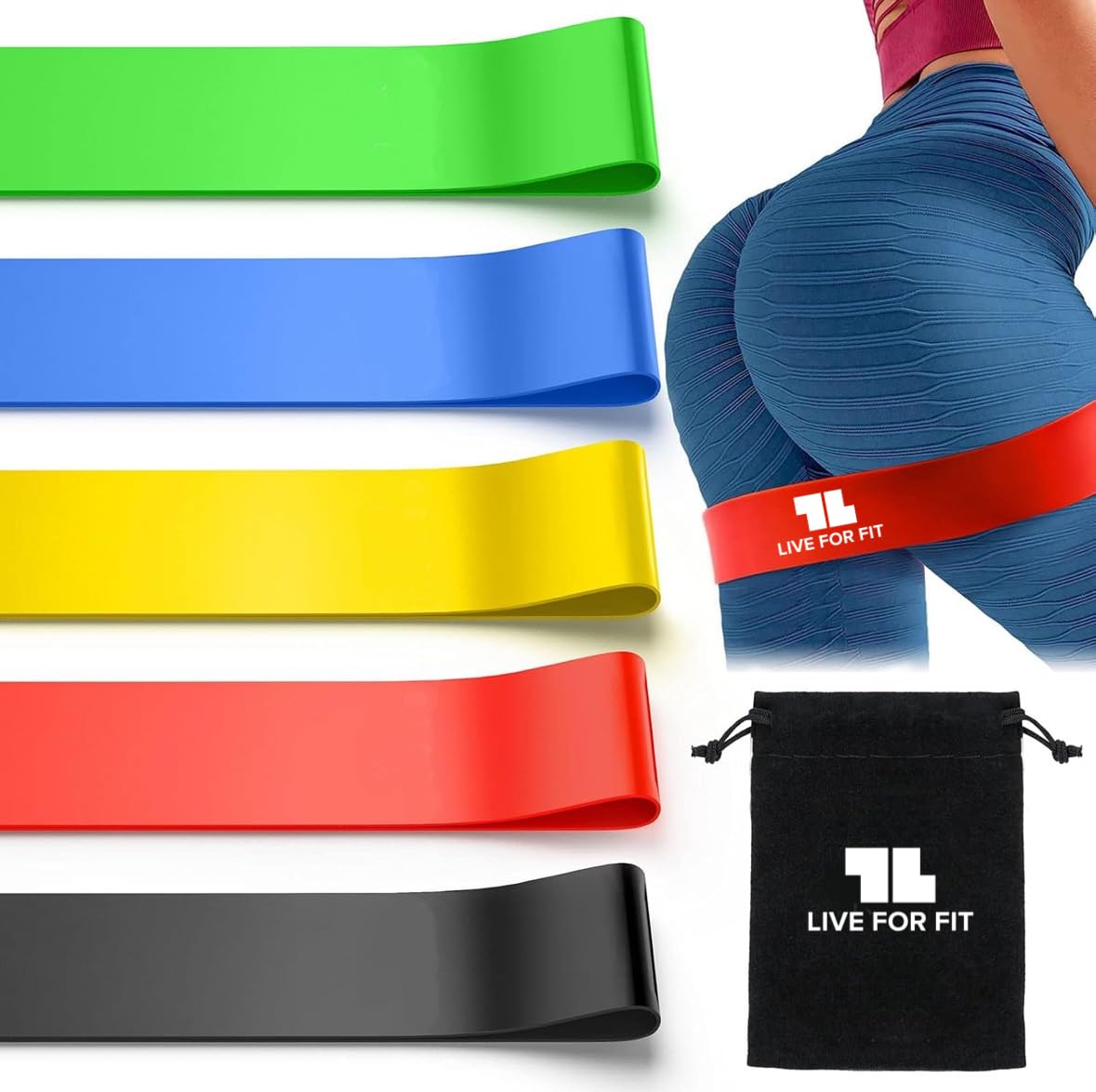 Live For Fit Exercise Resistance Loop Bands with Instruction Guide and Carry Bag, Set of 5. Travel-Ready, Simple, and Compact.