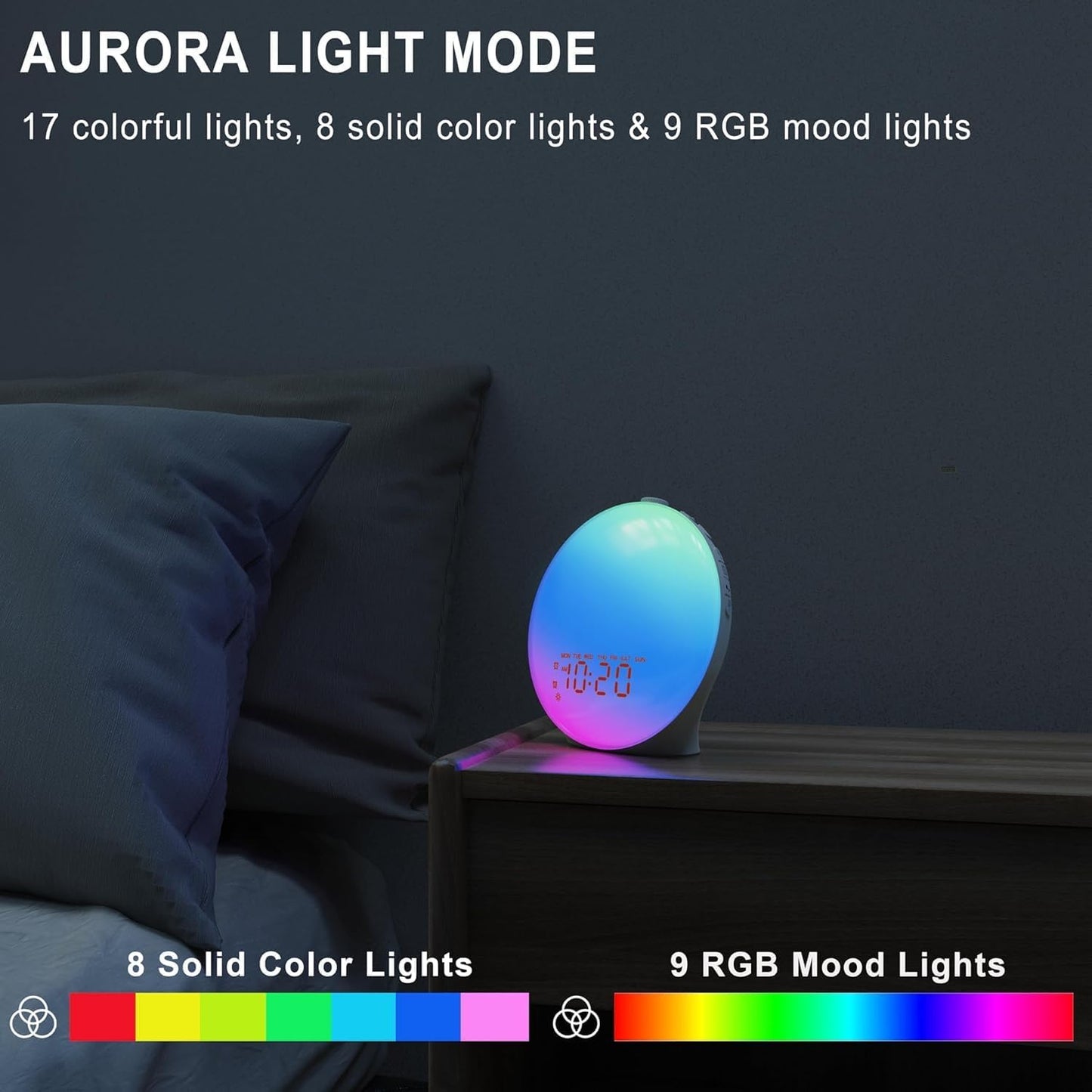 17 5W 25 Wake Up Light Sunrise Alarm Clock for Bedroom, Nightlights, Sound Machine with Bluetooth Speaker, Soothing