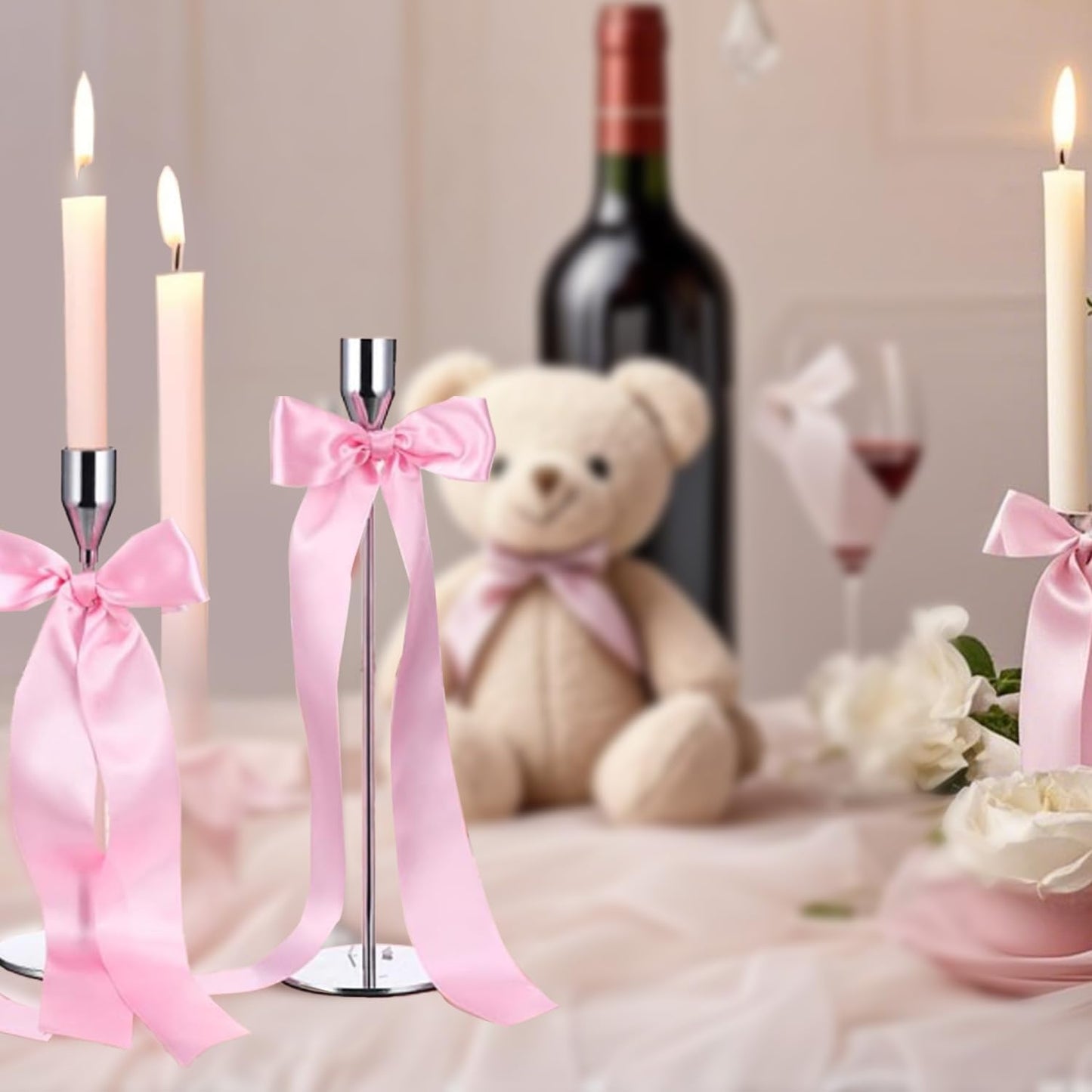 Regine Switzerland 16-Piece Pink Candlestick Bow Set - 13-Inch Ribbon Decor for Weddings & Parties