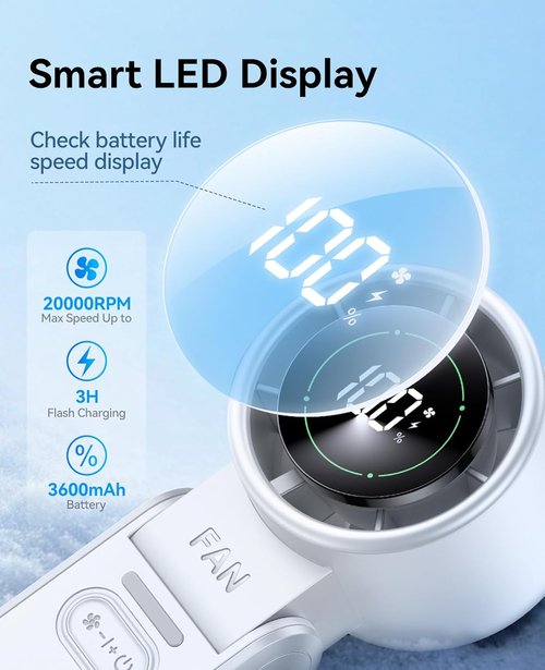 KIMMOO 3-in-1 Portable Handheld Turbo Fan - 100 Speeds, 20000 RPM, 12-Hour Cooling, USB Rechargeable, White