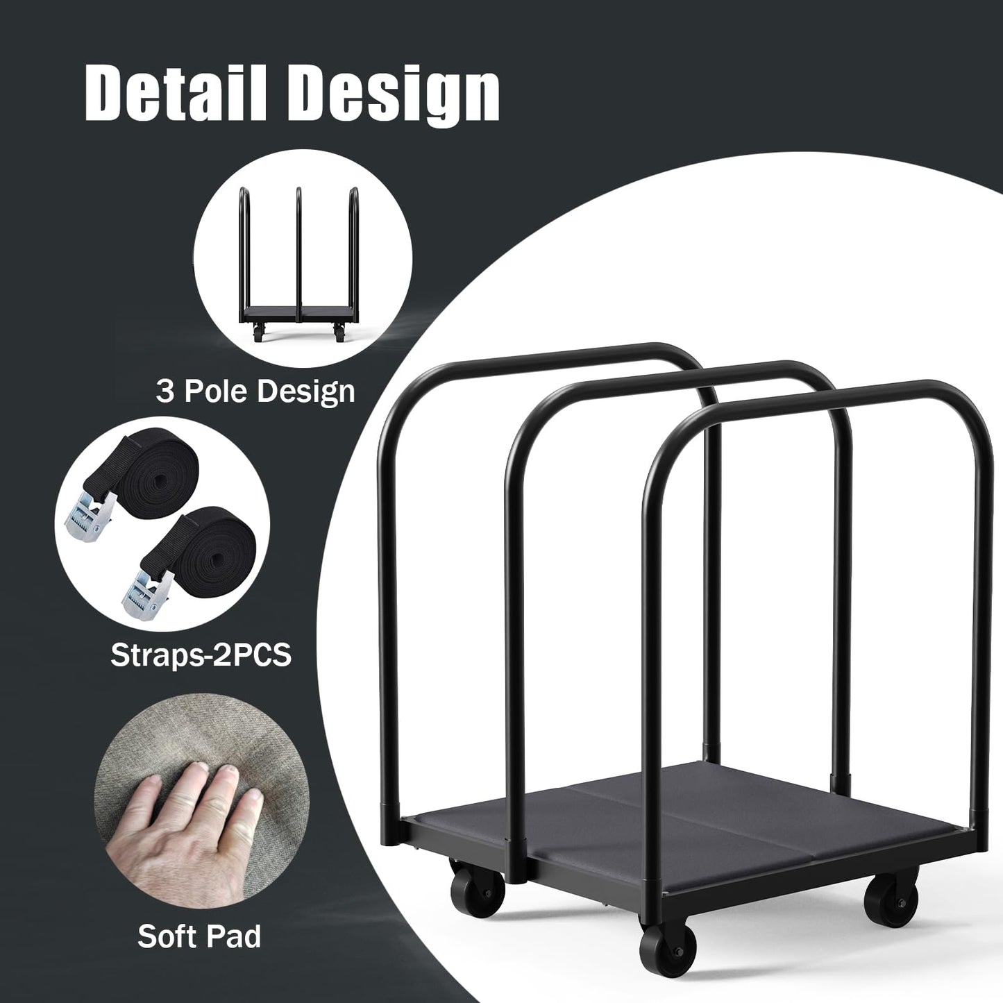 3 Pole Soft Platform Folding Table Cart-Soft Flatbed Panel Cart with 4Inch Swivel Caster 8PCS Folding Table Storage Capacity Soft Platform Truck with 2PCS Straps to Store&Move Lumber,Plywood,Box