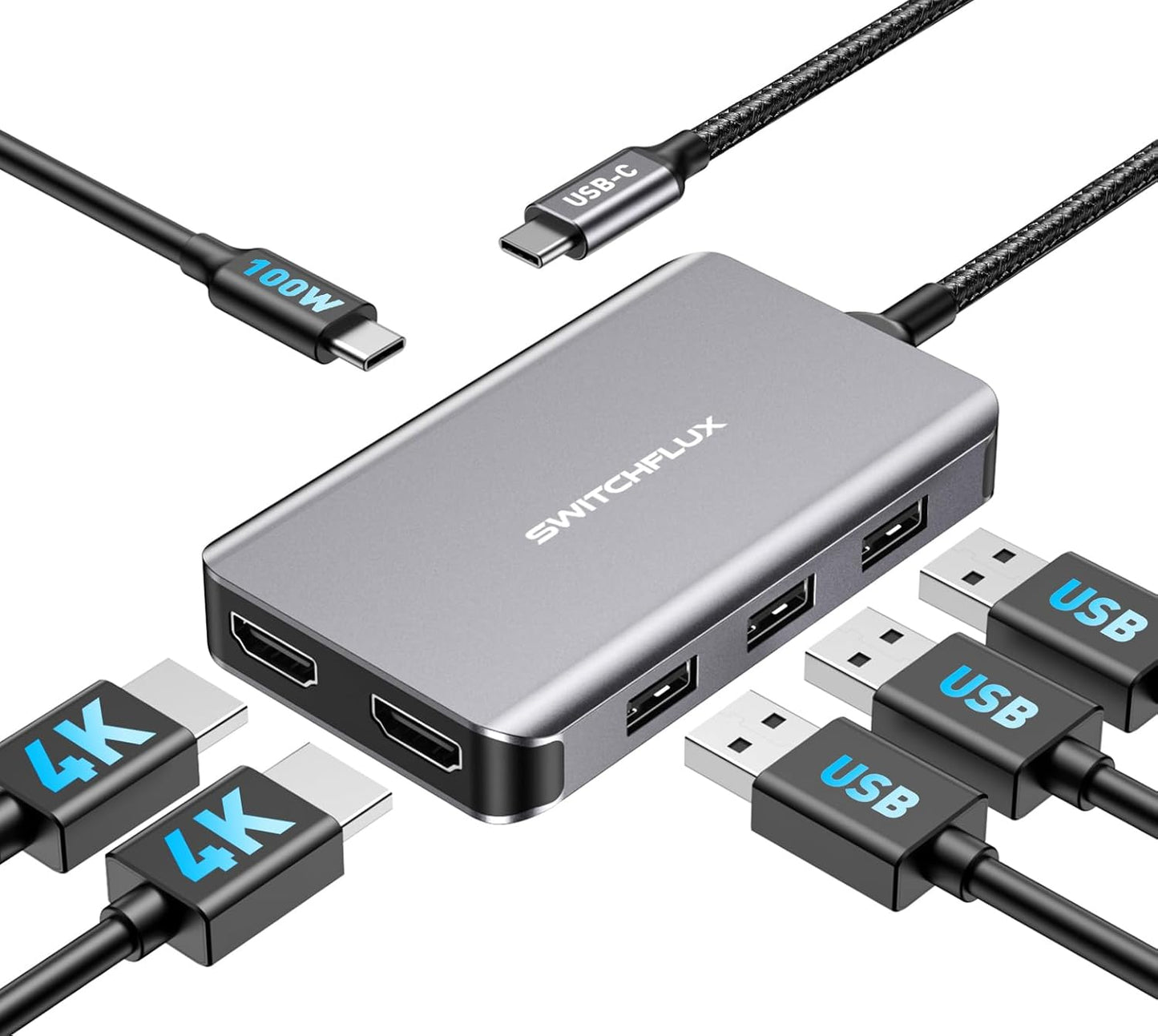 SWITCHFLUX Adapter,6 1 4K 2HDMI,3USB Port,100WPD USB C Docking Station Dual Monitors in USB C Hub for Dual HDMI