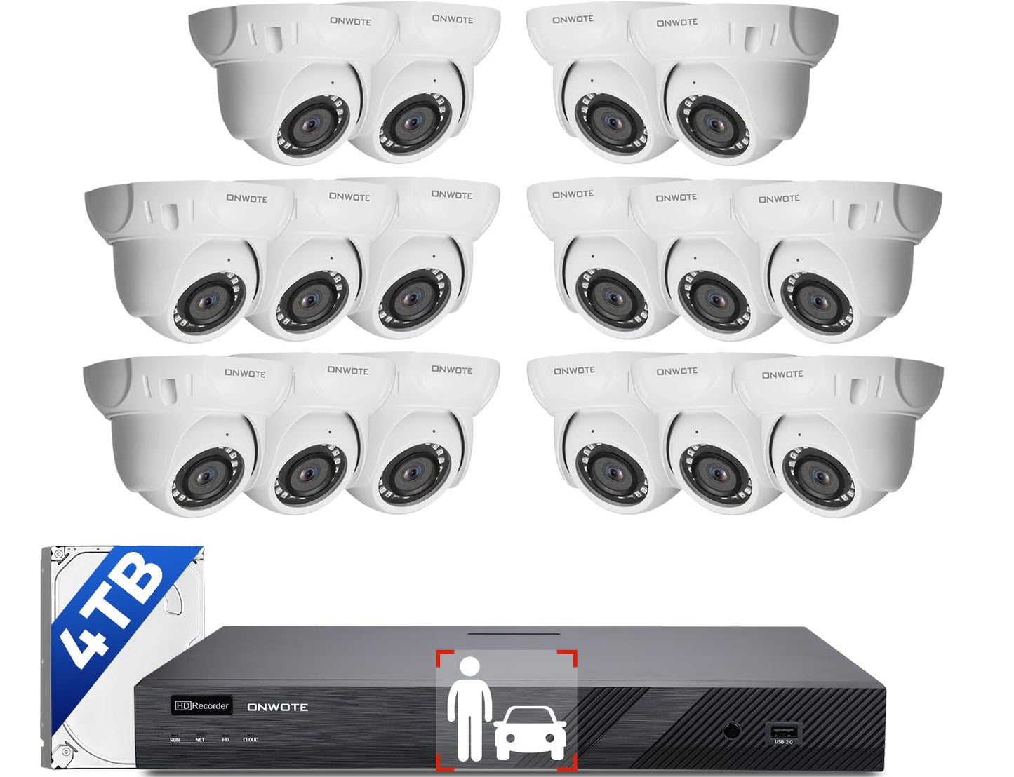 ONWOTE 16 Channel NVR PoE Security Camera System, 12MP 4K 16CH Commercial NVR 4TB, 16x 5MP Wired Outdoor 122° IP Cameras with Audio, AI Detection, 16x Cables (Total 1280ft), CCTV for Business Home