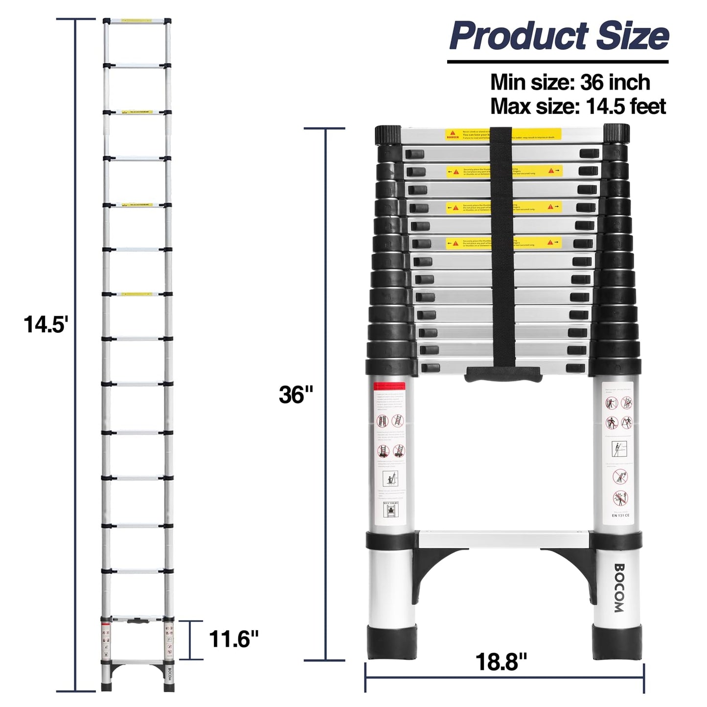 BOCOM 14.5 FT Aluminum Telescoping Ladder, Lightweight Multi-Purpose Collapsible Extension with 2 Triangle Stabilizers, Heavy Duty 330 lbs Max Capacity, Ideal for Home, RV, and Outdoor Work Silver