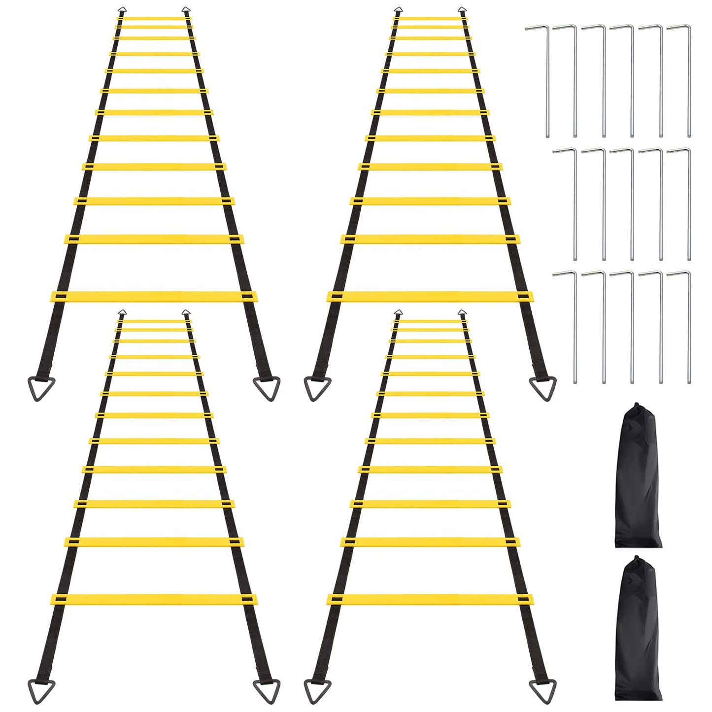 RUBY.Q 4 Pack 12 Rungs Agility Ladder Set, 20ft Speed Training Ladder with Steel Stakes and Carry Bag for Soccer, Speed Fitness Feet Training