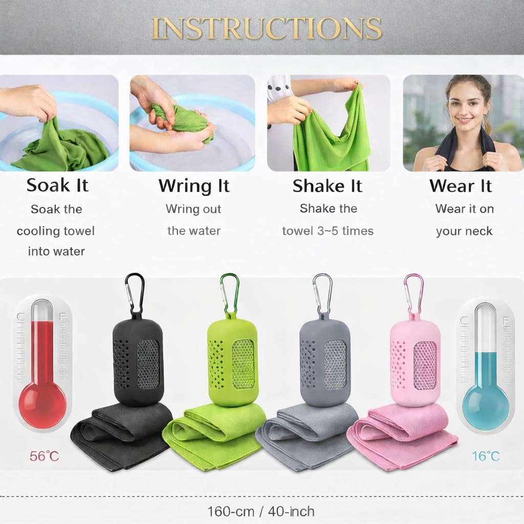 Cooling Towel with Clip Case – Quick-Dry Neck Wrap for Sports, Beach Tote Bags, Gym, Travel & Outdoor Heat
