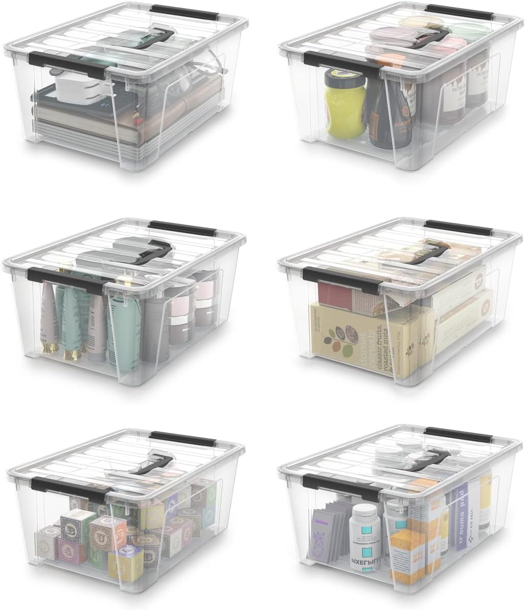 WYT Clear Storage Latch Bins - 6-Pack Organizer Boxes with Handles & Lids | 5-Litre Capacity