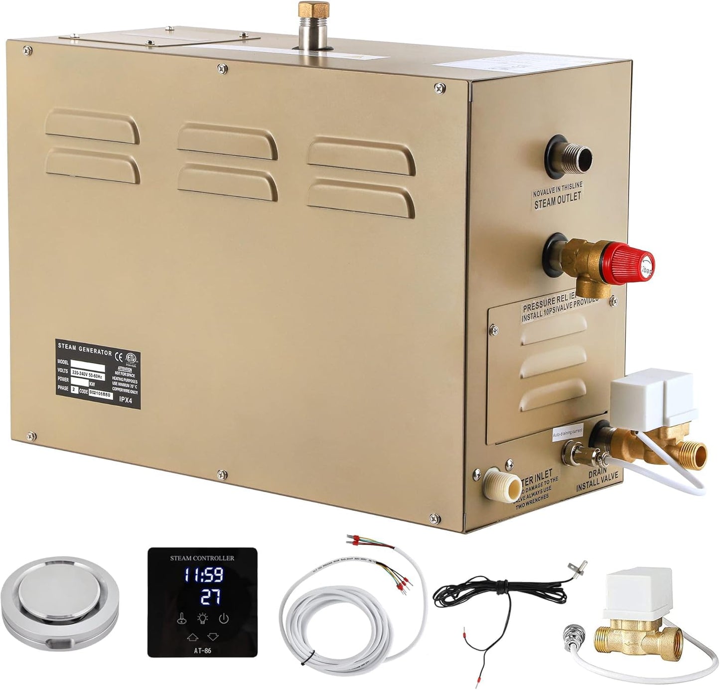 CGOLDENWALL 12KW Commercial Self-Draining Steam Generator Shower System Home Steam Bath Spa Generator 30 min to 12 Hours with Auto Drain 95-131℉ for Suitable Space Heating 12 m³/424 Cubic feet (12KW)