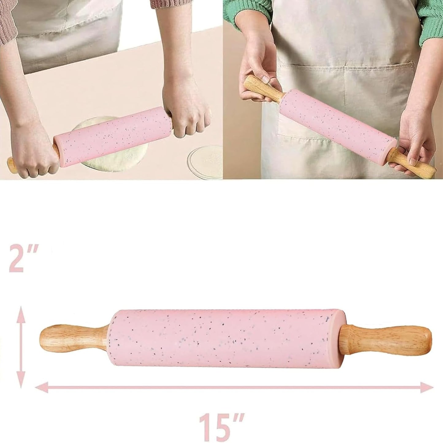 Skiennix Silicone Rolling Pin - 15-Inch Non-Stick Pastry Dough Roller with Wooden Handle | Ideal for Baking Cookies and Dumplings