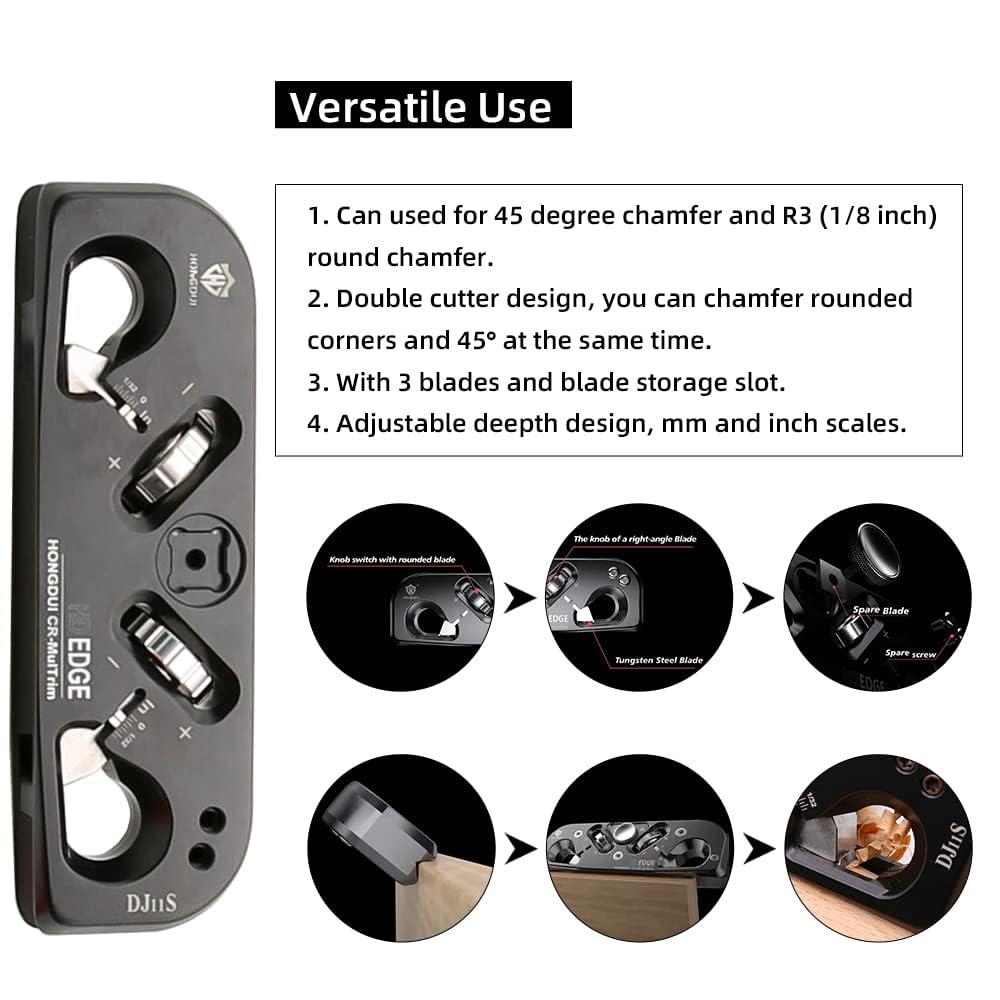 HONGDUI DJ11S 2-in-1 Chamfer & Radius Plane,1/32"(5mm) Depth Adjustable, Aluminum Alloy Edge&Radius Chamfering Plane, 3 Blades with 12 Cutting Edges for Use Woodworking Tool-1 Pcs