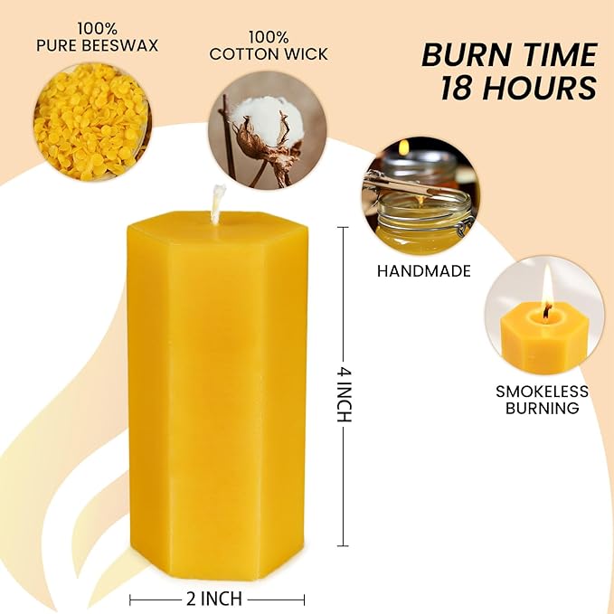 4PCS Hexagon Beeswax Pillar Candles,Large Handmade Pure Beeswax Candle,Unscented Smokelessï¼? * 4",18H, Raw