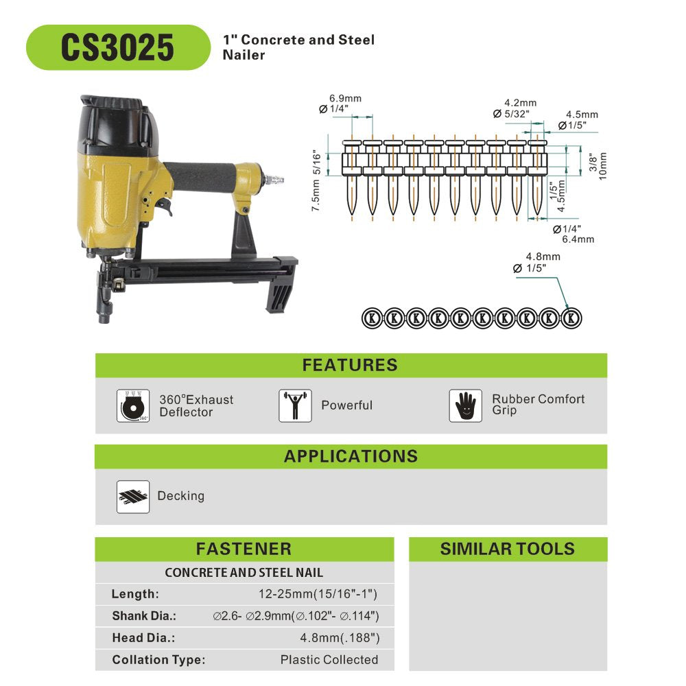 meite CS3025 Concrete Nail Gun with 12 Gauge 7/8 Inch Plastic Collated Drive Pins 1000PCS, Pinner Nail Tool for Concrete Ceiling Framing Fixing Drywall Track, Accepts 1/2"-1" Drive Pins