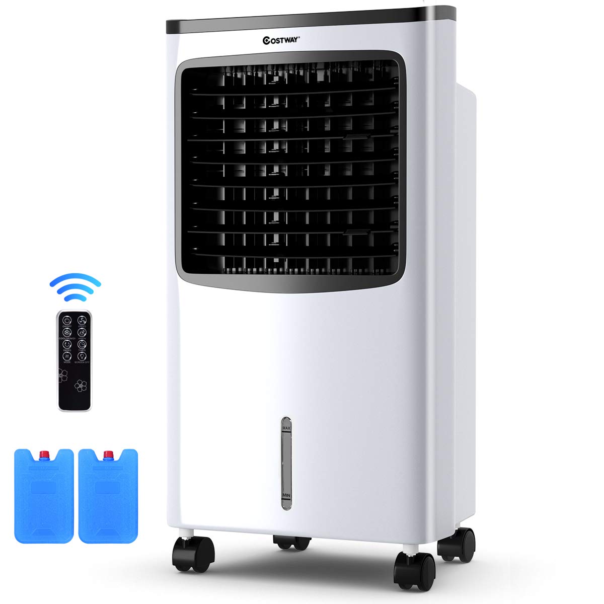COSTWAY Evaporative Cooler, Portable Cooling Fan with Remote Control, 3-Mode, 3-Speed and 7.5H Timer Function, Include Ice Crystal Boxes, Water Tank and Casters, Bladeless Air Cooler