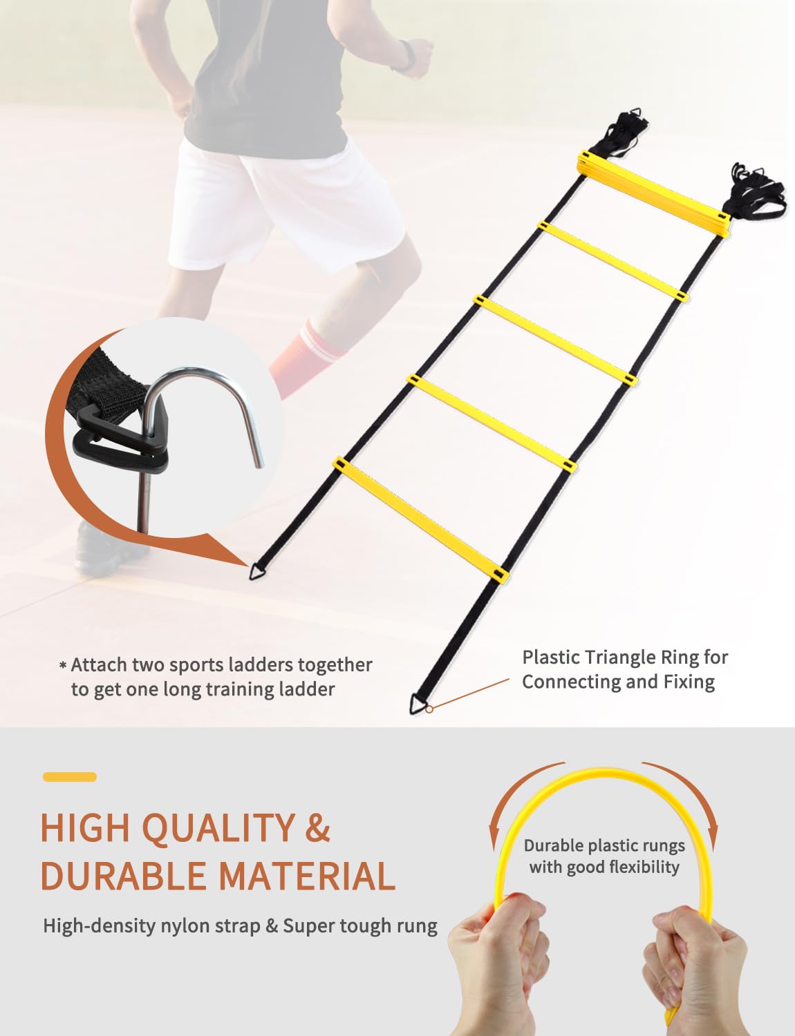 GHB Agility Ladder,Football Training Equipment Set,4 Agility Hurdles, 20 feet12 Rungs Speed Ladder,12 Disc Cones,Resistance Parachute, Jump Rope, 4 Resistance Bands (Yellow)