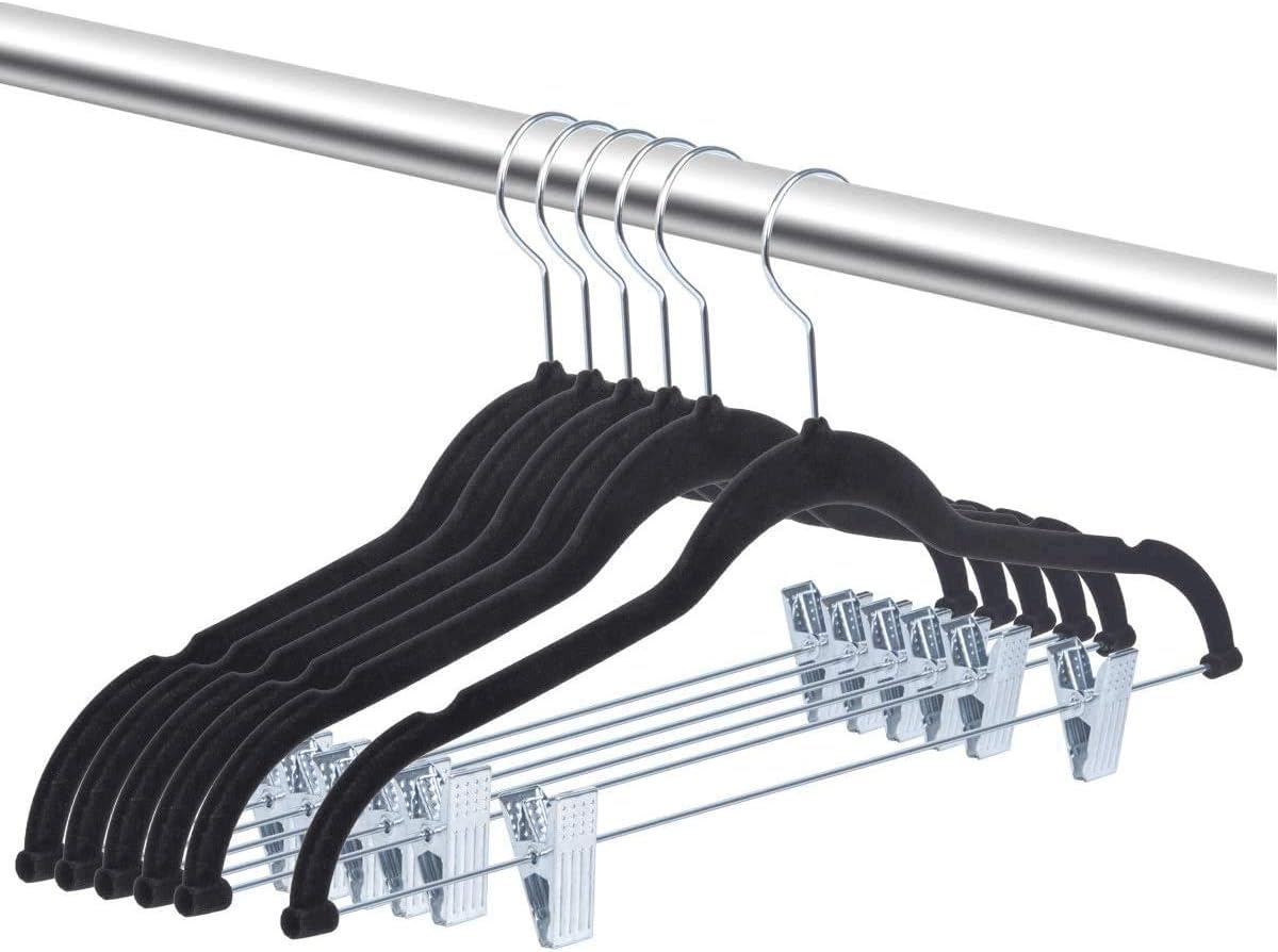 OIKA Black Velvet Hangers - Non-Slip Space-Saving Pants Hangers with Clips | 16.7-Inch, 20 Pack