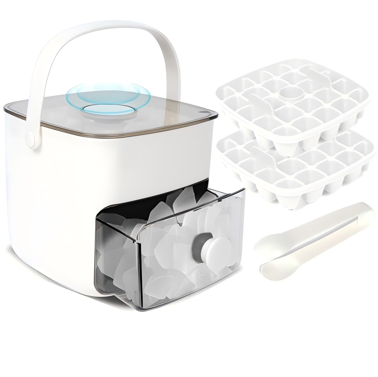 Ice Cube Tray with Lid & Bin Ice Maker Ice Trays for Freezer Ice Container- Reusable Ice Mold for Whiskey, Cocktail, Coffee, Beer Drinks with Ice Trays Ice Tongs (White)
