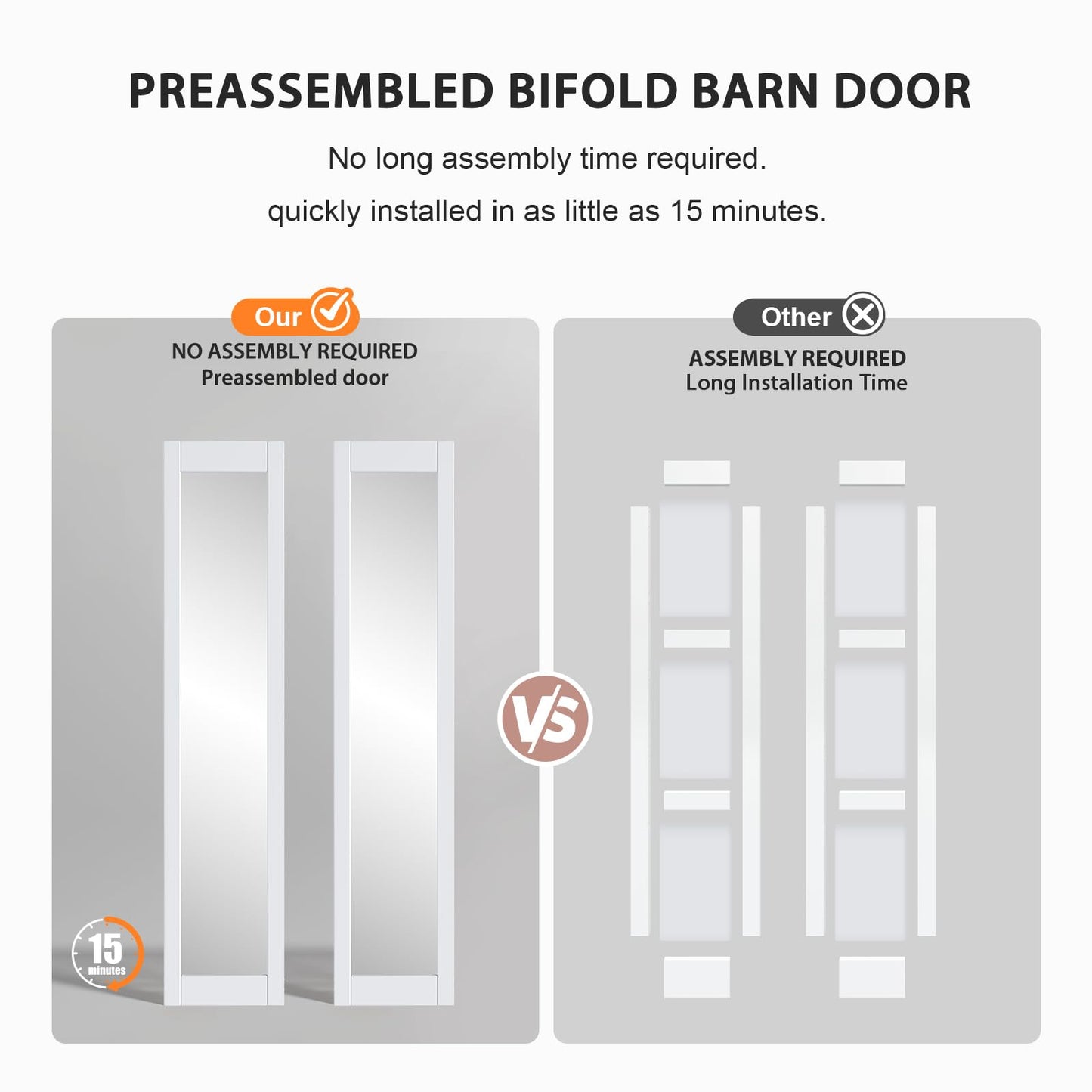 FREDBECK Bifold Door for 30x80 Opening (Double 15x80) with 1 Lites Mirror ,Interior Bi fold Barn Doors and Concealed Hardware Kit Included, PVC Surface, White,for Closet,Pantry,Kicthen