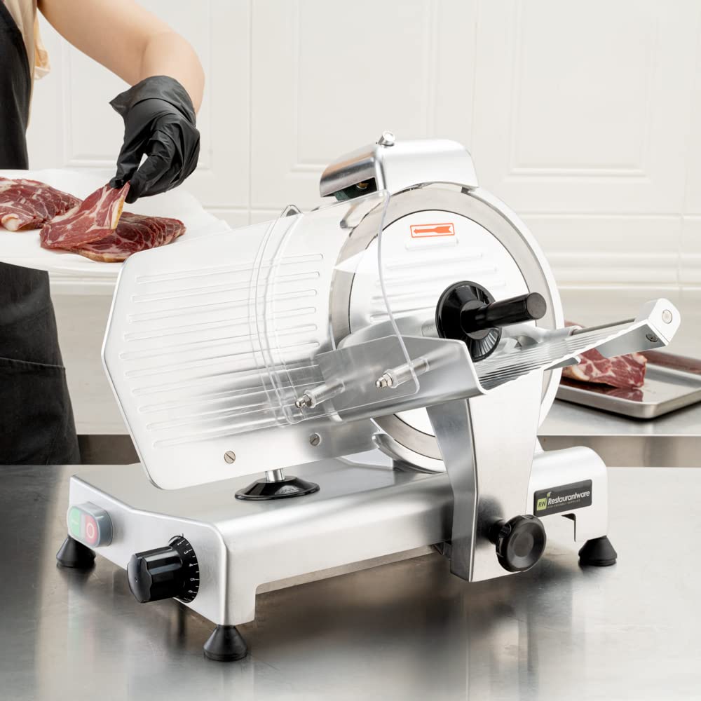 Restaurantware Bio Tek Meat Slicer 1 Adjustable Slice Size Manual Slicer - 320W Operation 0.25 Horsepower Stainless Steel Deli Slicer Built-In Sharpener Fixed Ring Guard