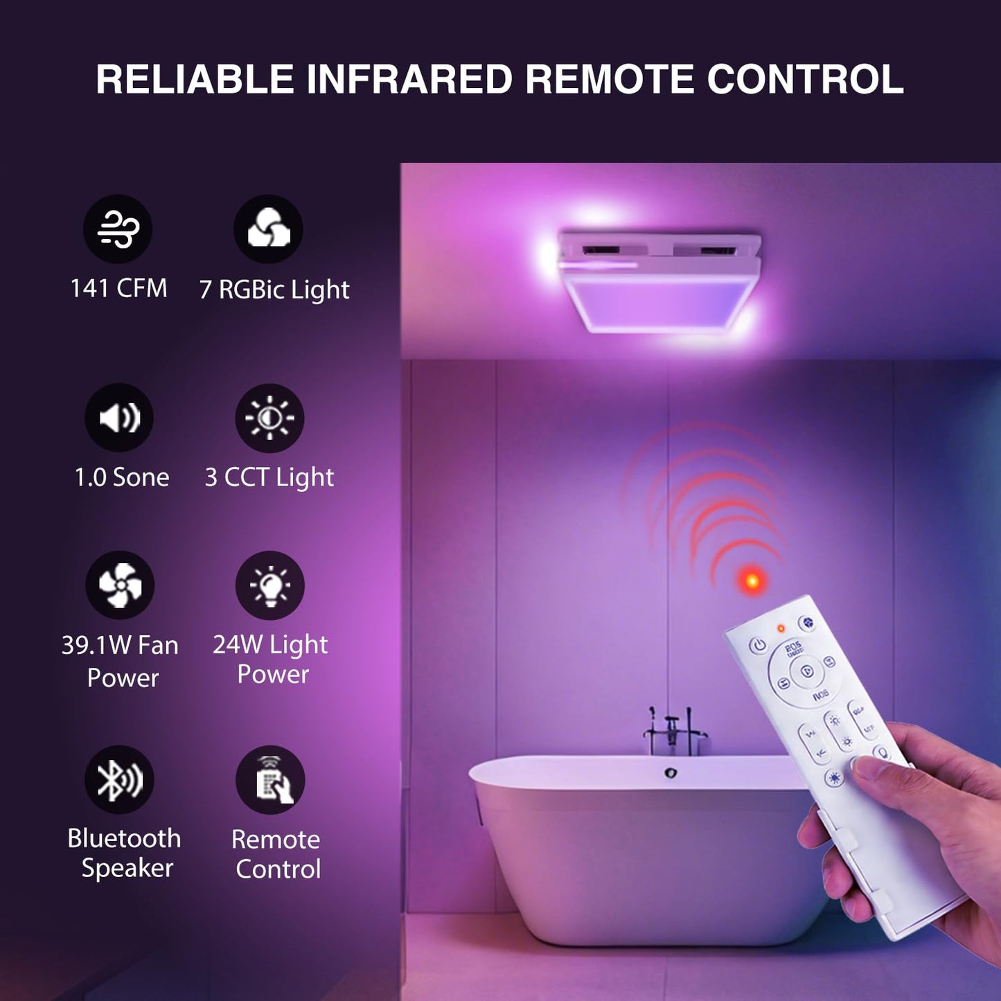 Zeyzer Bathroom Fan with Bluetooth Speaker & RGB Light, 11.8" Ceiling Exhaust Fan with Remote Control, 141 CFM, 1.0 Sone Quiet, 3.94" Duct, Adjustable White/Warm/Neutral Light