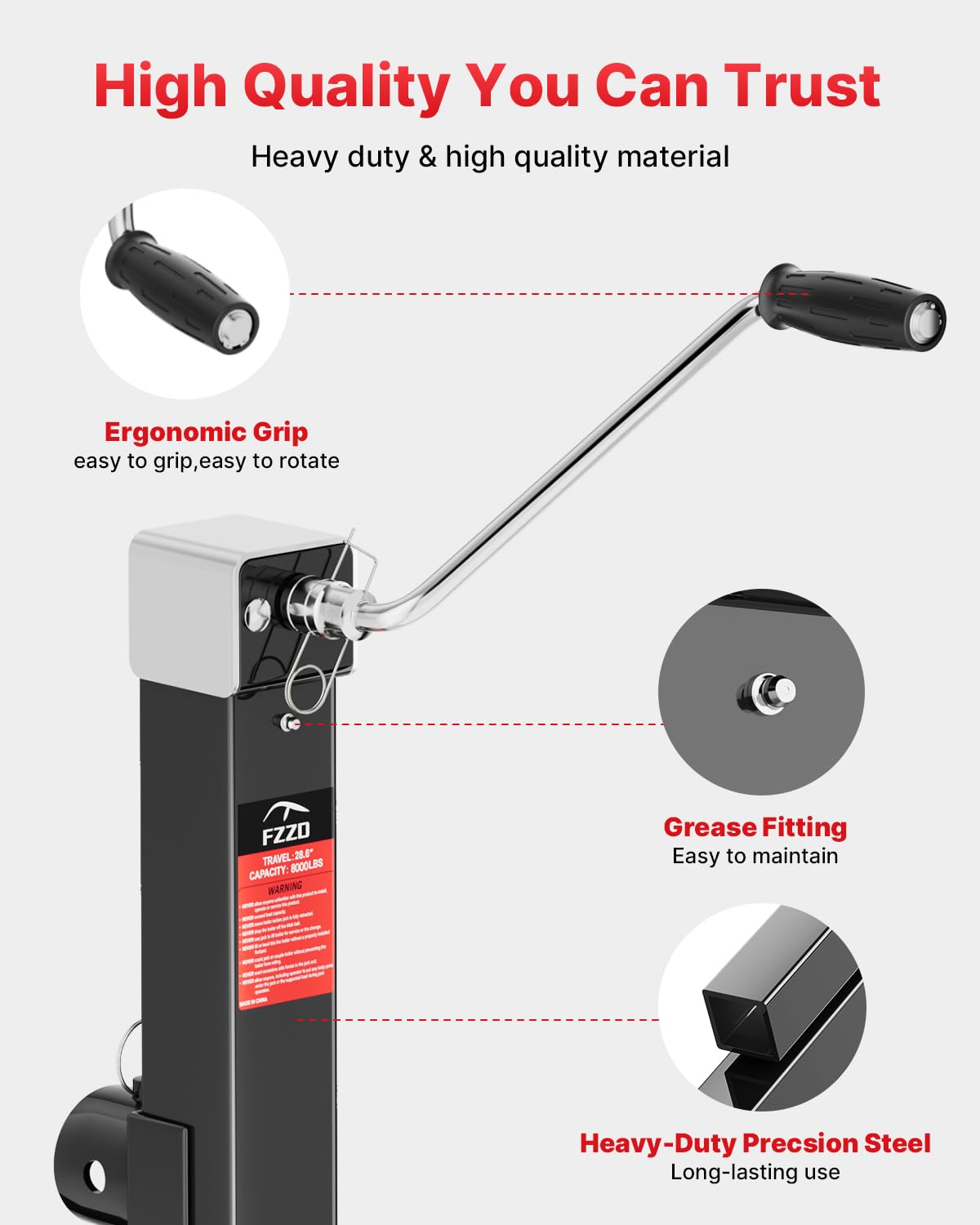 FZZD 8000 lbs Weld-on Pipe Swivel Trailer Jack, 20-24V Cordless Drill Compatible, 28.6" Lift, for RV, Yacht, Boat Trailer