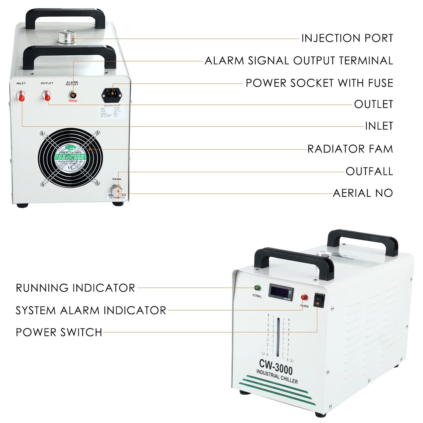 DasMarine CW-3000 Water Chiller,8L Industrial Water Chiller,Thermolysis Type Water Cooling Chiller Machine,110V Economic Water Cooling Equipment for 60W 80W Laser Engraving Machine