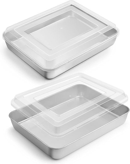 E-far Stainless Steel Toaster Oven Baking Pan Set - 10.4” x 8” x 2” with Lid | Non-Toxic & Dishwasher Safe for Cakes, Brownies, Casseroles - Set of 2