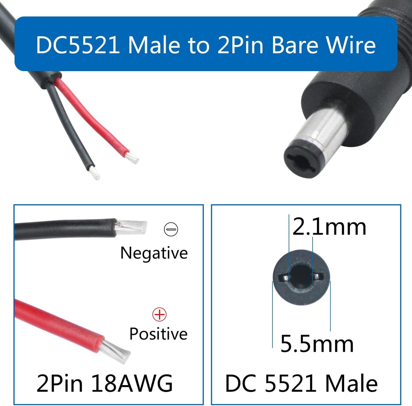 Maixbomr 12V Cable,1m/3.3ft 5.5mm 2.1mm Wire,18AWG 5521 Repair(2Pcs) DC Power Pigtails DC x Male Plug to Bare Wire Open