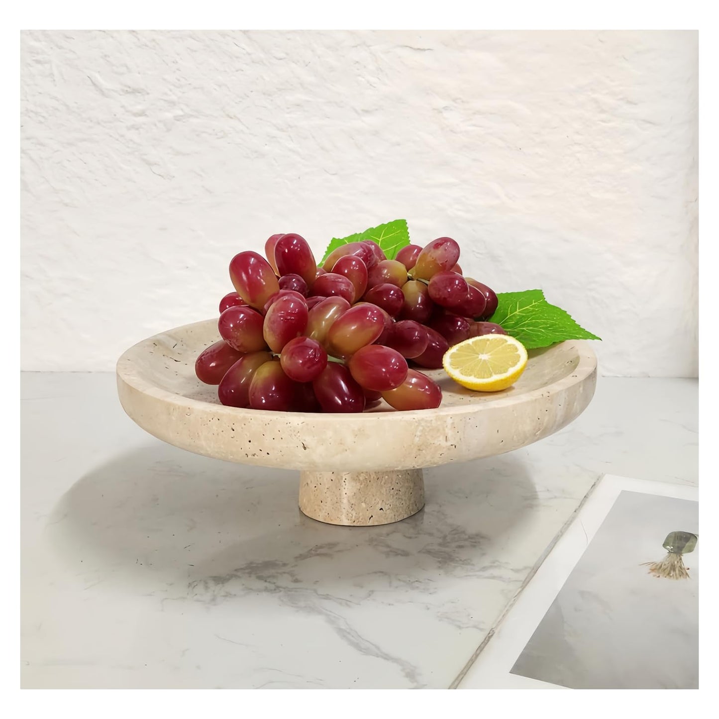 Natural Travertine Fruit Bowl 11.8" – Large Decorative Bowl & Travertine Decor Pedestal for Kitchen Counter & Dining Table ,For Entryway, Kitchen Fruit Bowl, Potpourri, Dining Table Centerpiece.