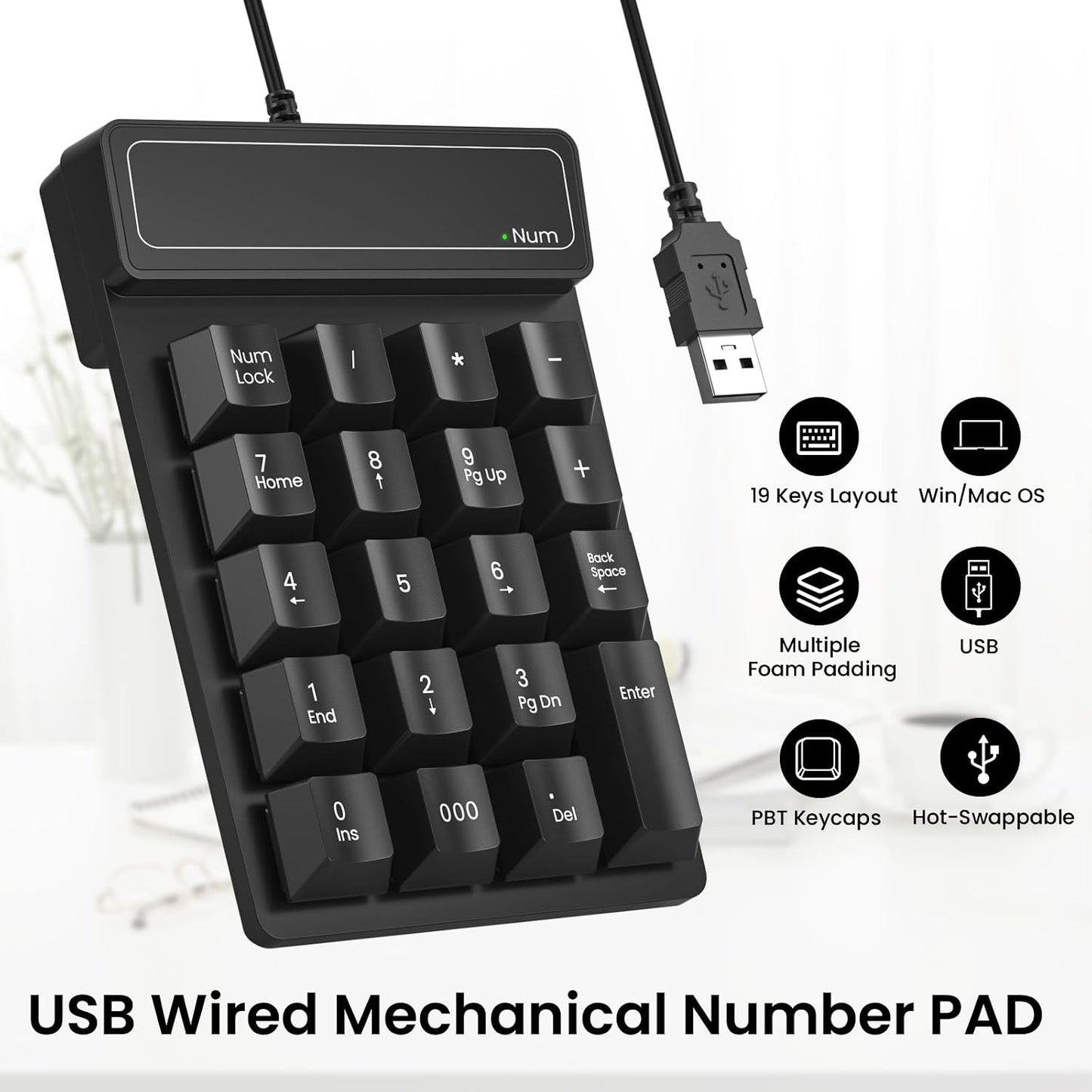 JPHTEK 19 Accounting Wired USB Numeric Keypad Key Number Pad Keyboard, Portable Financial Keyboard for Laptop PC