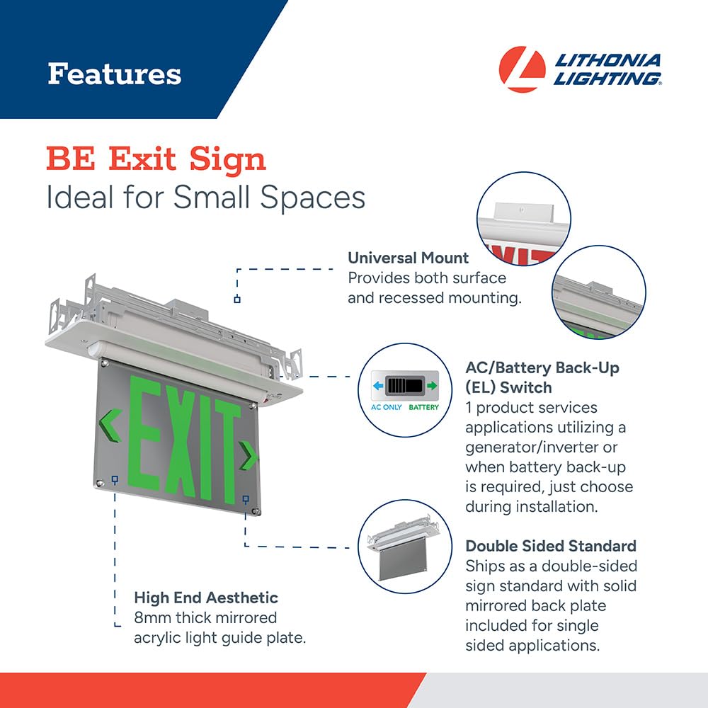 Lithonia Lighting Basics Edge-lit LED Exit Sign with Green Letters, Universal Mount Emergency Exit Only Sign, Ni-Cad Battery Backup (BE W G UM M2)