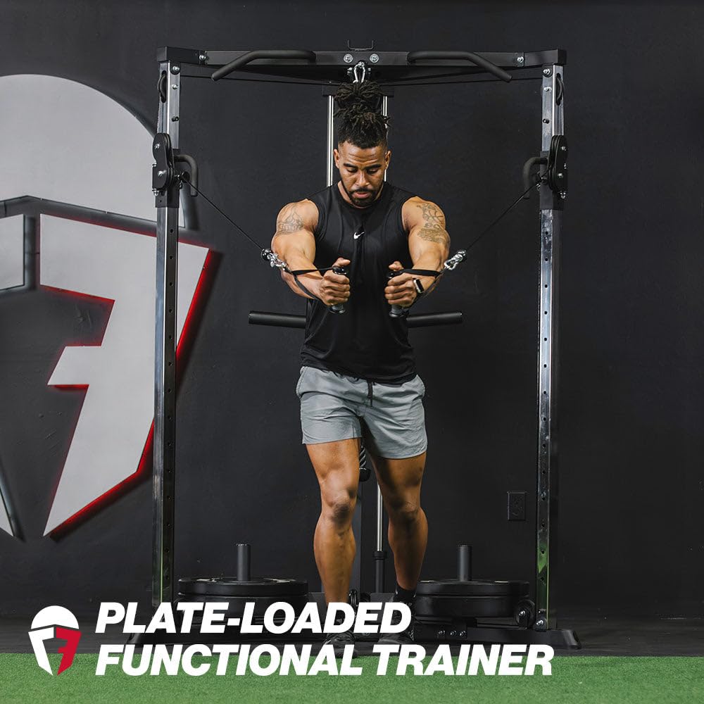 Titan Fitness Plate-Loaded Functional Trainer, Cable Crossover Machine with 660 LB Capacity, Smooth Fiberglass-Reinforced Cables, Multi-Grip Pull-Up Bar, LAT Bar, Low Row, Dual Stirrups