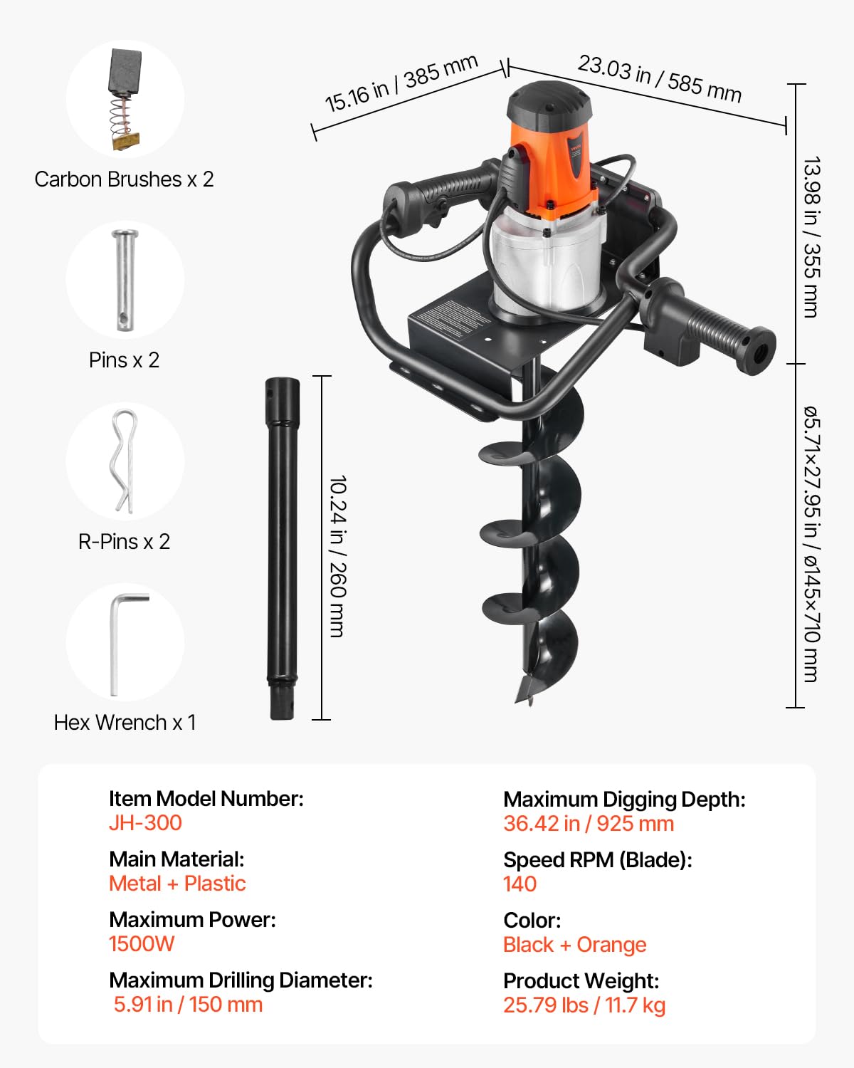 VEVOR Electric Post Hole Digger, 5.71 in Auger Bit with 1500W Powerful Motor, 140 RPM Alloy Steel Earth Auger Drill Bit with 10.24 in Extension Rod, for Post Hole Digging, Drilling & Tree Planting